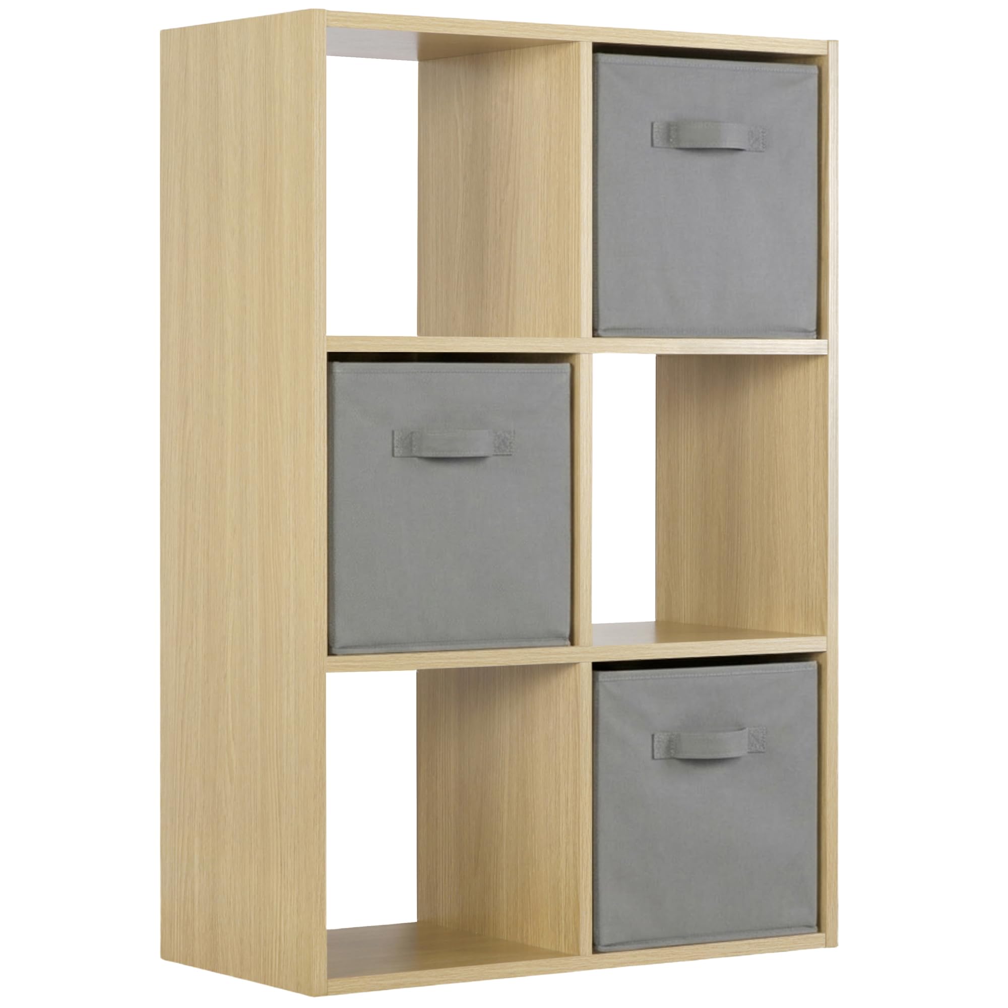 Charles Jacobs Modern Oak Effect 6 Cube Storage Shelving Unit + 3 Grey Fabric Drawers