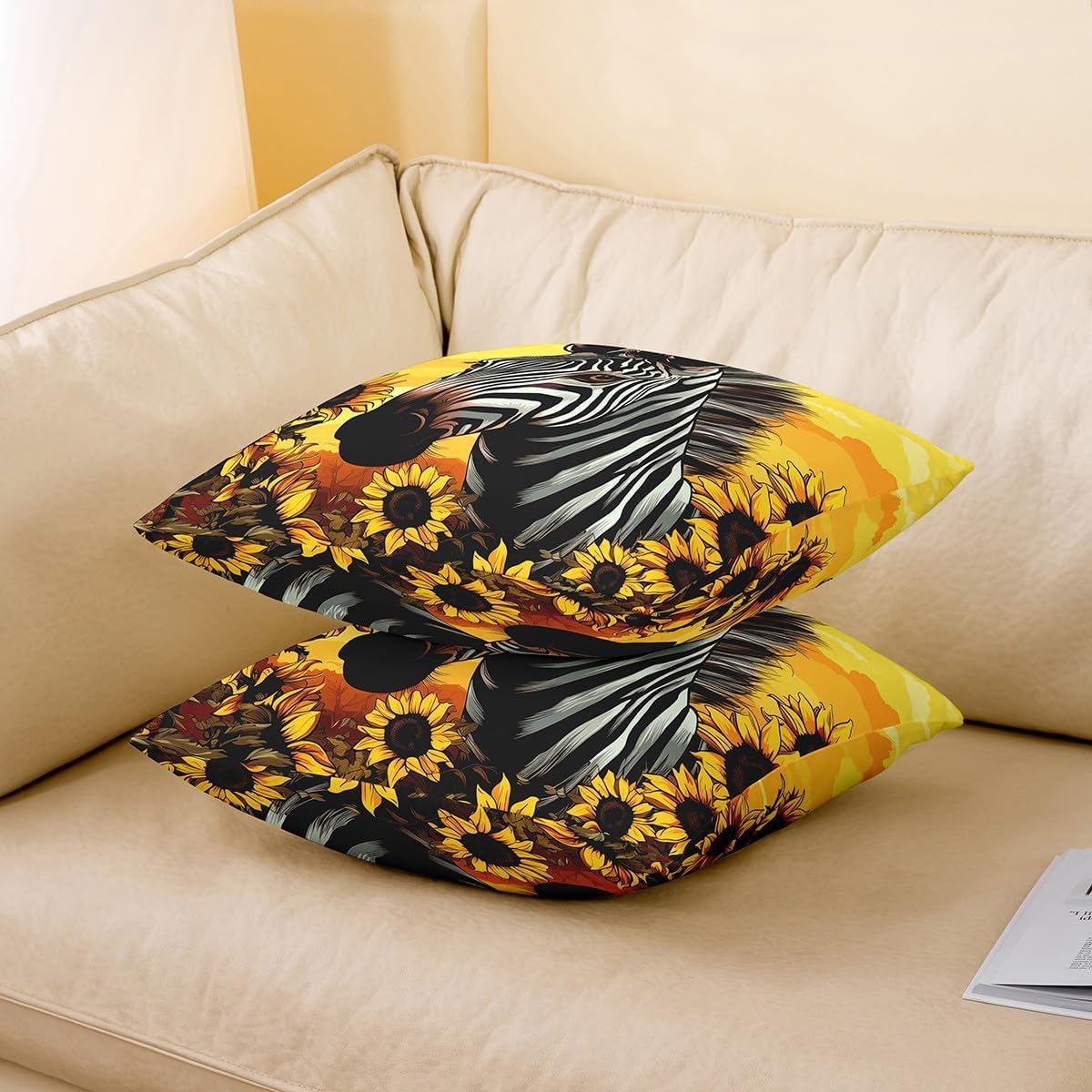 Erosebridal 3D Zebra Set of 2 Cushion Covers 22x22 Inch,Yellow Sunflower Throw Pillow Covers,Black White Horse Pillow Covers,African Safari Animal Decorative Square Pillow Cases for Sofa Couch