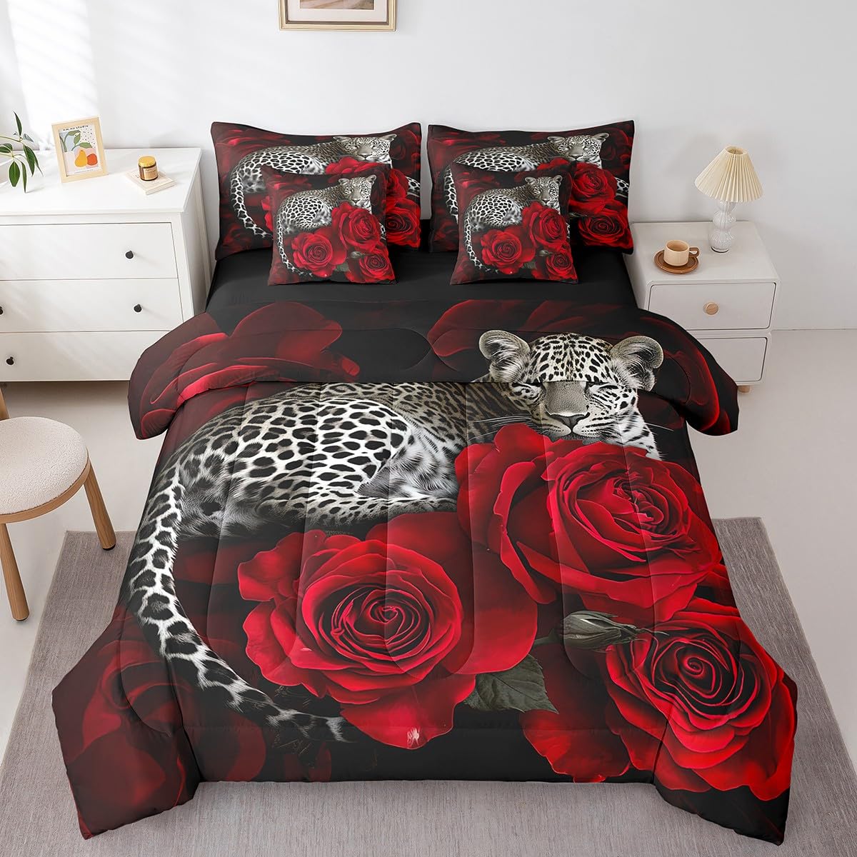 7 Piece Leopard Bed in a Bag Red Rose Flower Print Sheet Set 3D Cool Wild African Animal Cheetah Bedding Set Comforter Nature Rose Floral Leopard Fitted Sheet Romantic Theme Cushion Covers, King 2