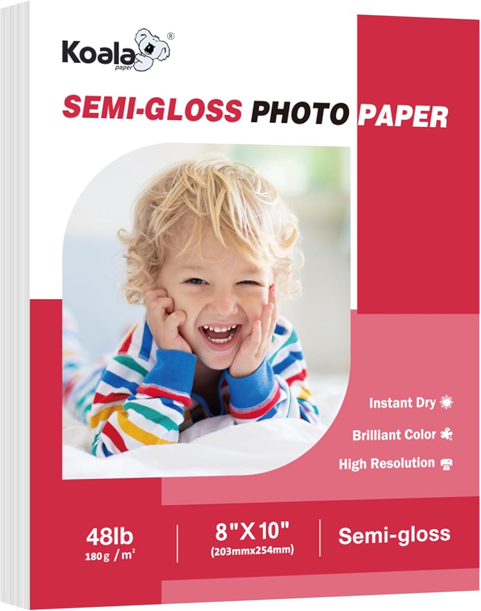 Koala Semi Gloss Photo Paper 8X10 In 48LB 100 Sheets Semi Glossy Paper | for Inkjet and Laser Printers Use Dye Ink180gsm