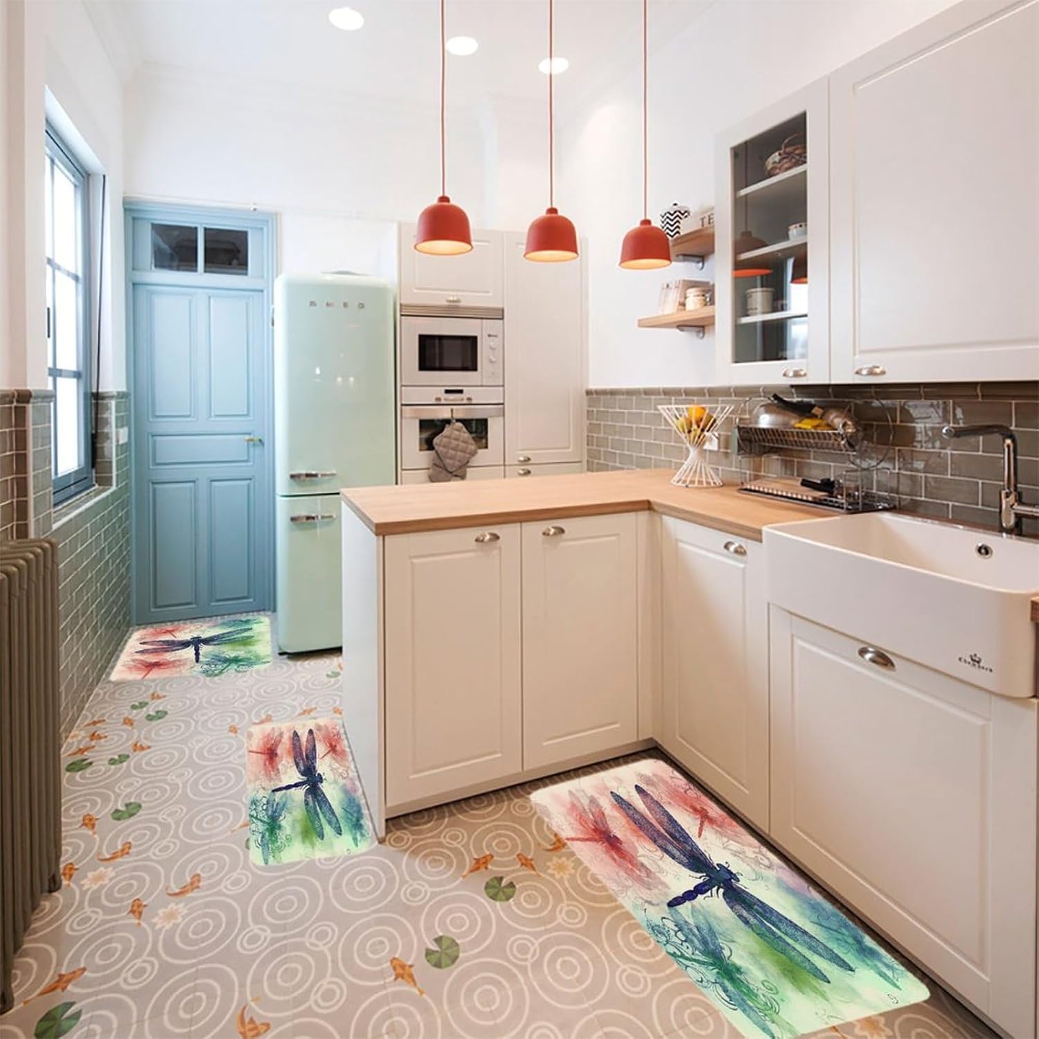 Modern Dragonfly Kitchen Rugs Sets of 3 Non Slip Kitchen Mats for Floor Farmhouse Kitchen Sink Mat Thick Comfort Standing Mat for Laundry Room Hallway Bathroom