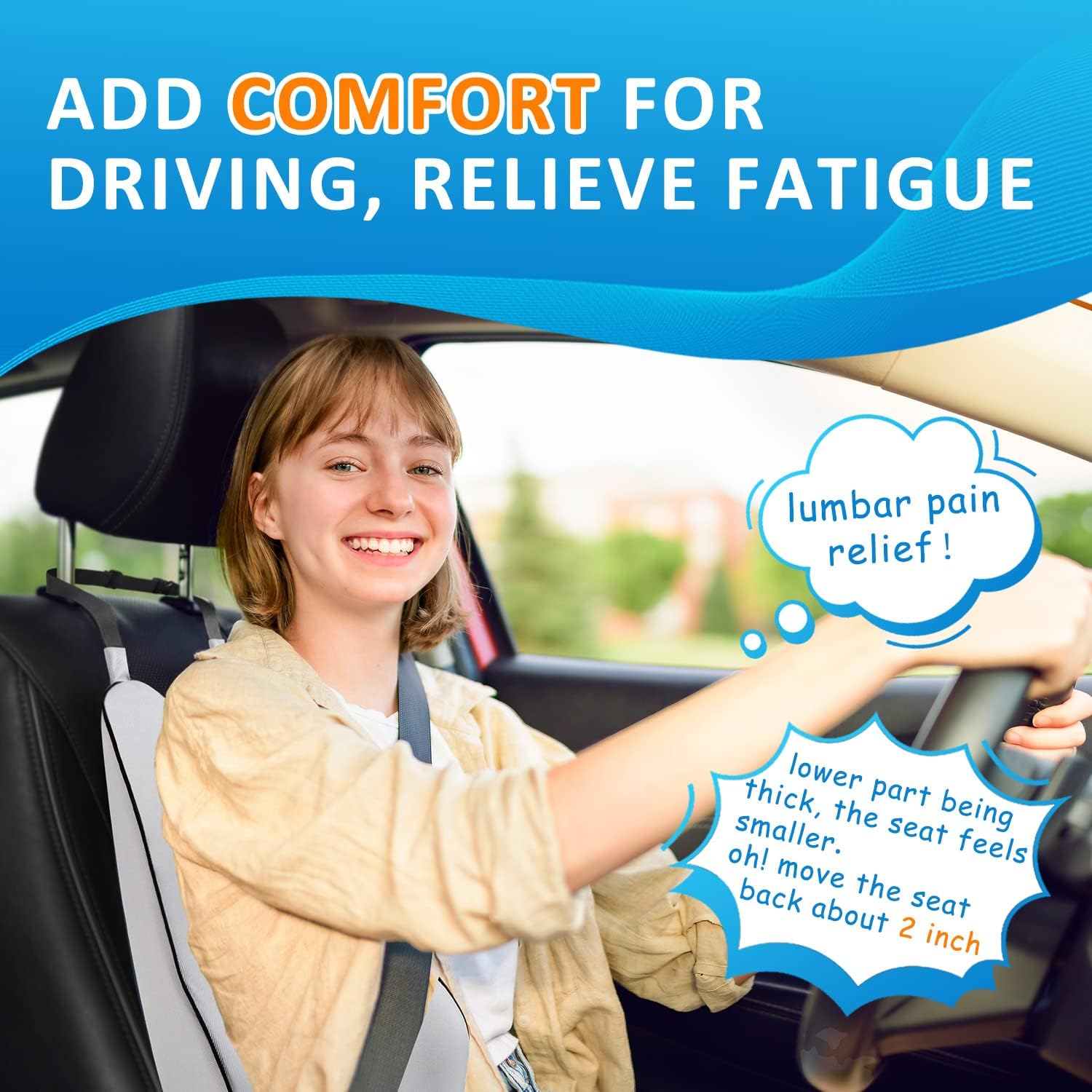 Lumbar Support Pillow for Car-Car Back Support-Memory Foam Car Lumbar Support for Driving Fatigue/Back Pain Relief - Dual Straps Better Fix The Car Cushion - Gray