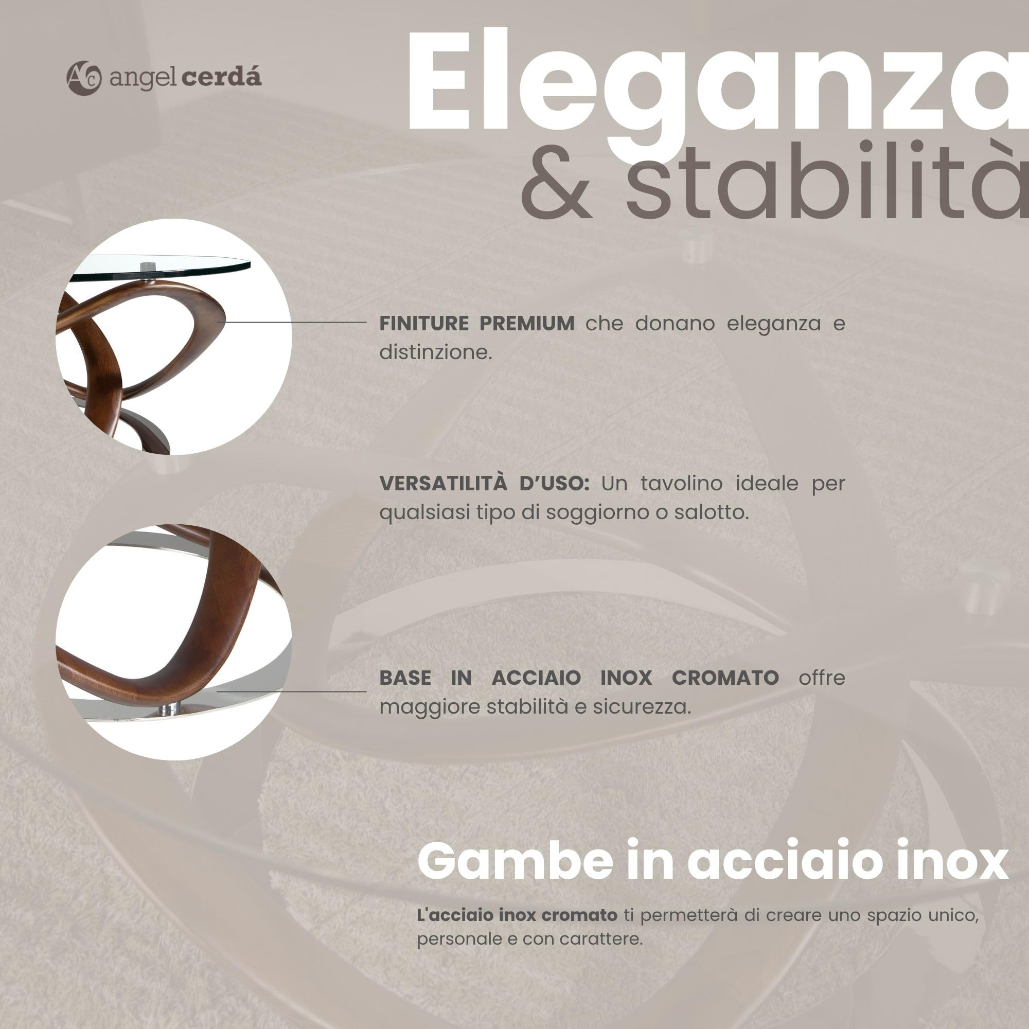 Angel Cerdá – Tavolino Salotto Moderno in Vetro Temperato e Legno di Faggio color Noce | Tavolino Rotondo Contemporaneo ed Elegante | Gambe in Legno | Ideale per il Soggiorno | Ø100 x 39 cm