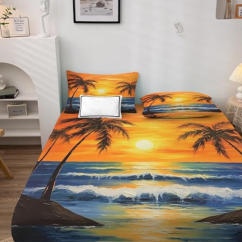 Miniatura 2 de Juego de sábanas tropicales tamaño King para cama ajustable, sábanas y fundas de almohada con patrón de palmera marina y puesta de sol, bolsillo