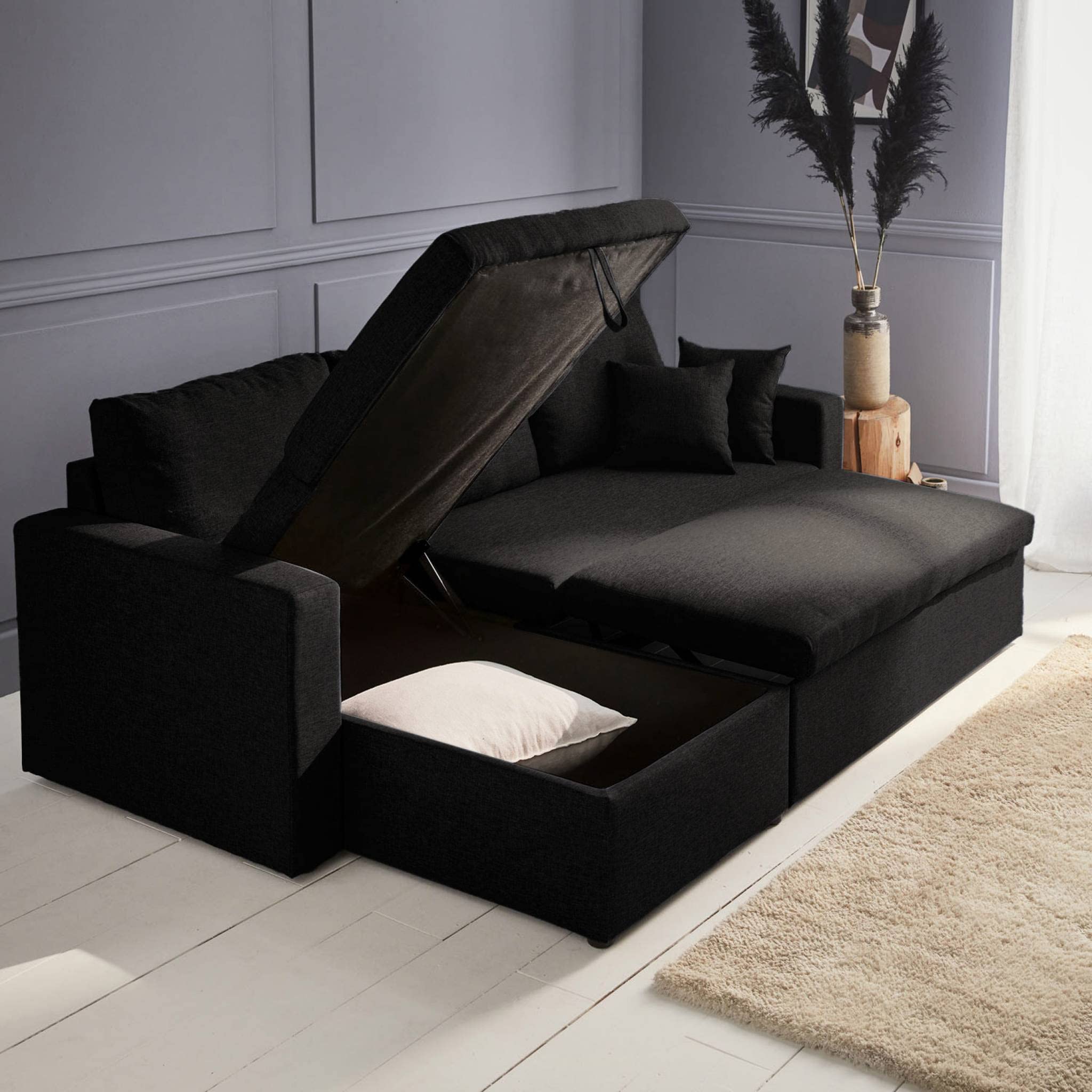 Sweeek - Canapé d'angle Convertible en Tissu Noir - IDA - 3 Places. Fauteuil d'angle réversible Coffre Rangement lit modulable