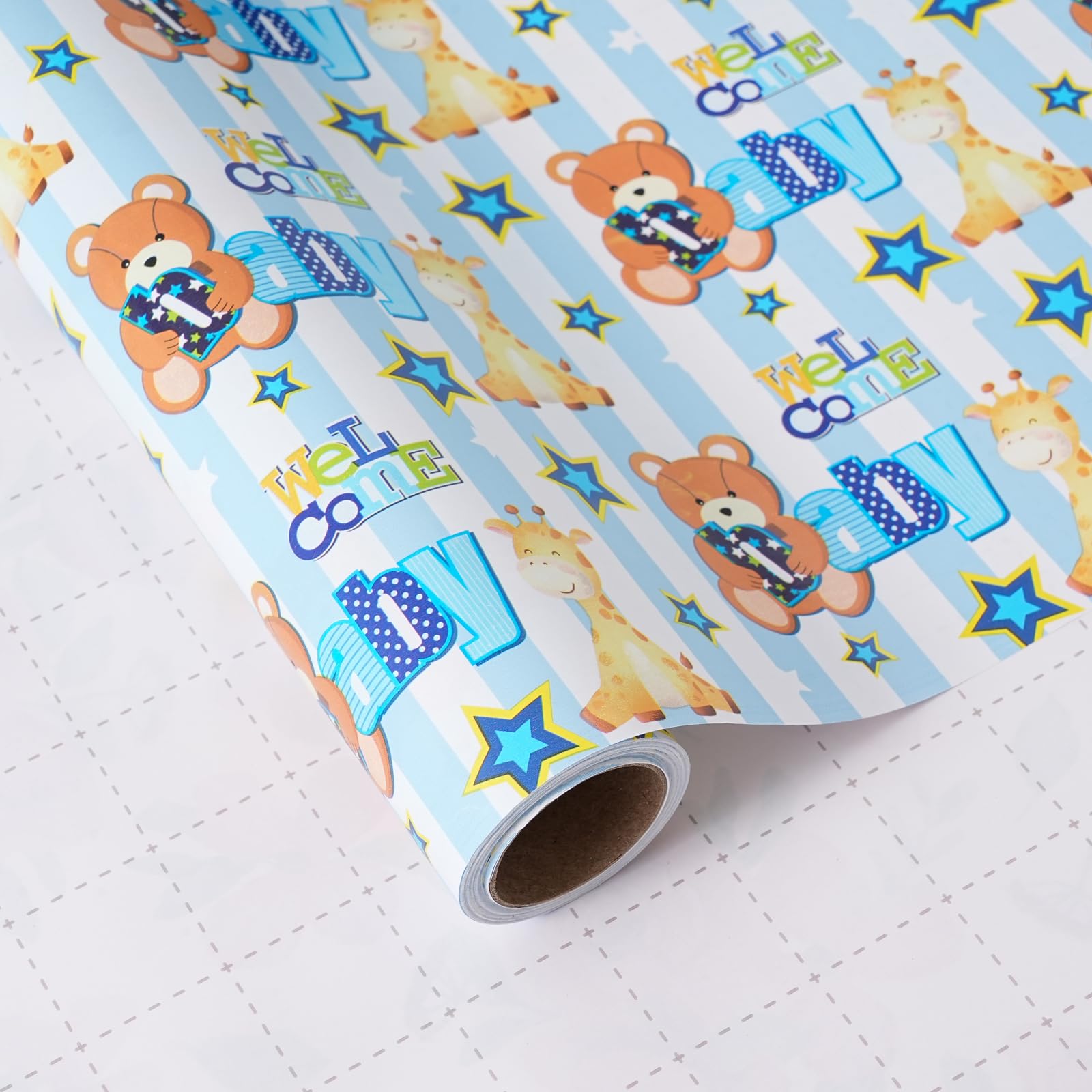 ZINTBIAL Baby Shower Wrapping Paper Roll - Blue Baby Boy Animal Heart Theme Newborn Gift Wrap Paper for Baby Shower,Children's Christening,Birthday, New Mommy - 17.5 in x 16.5 ft,Cut Lines on Back — image 1