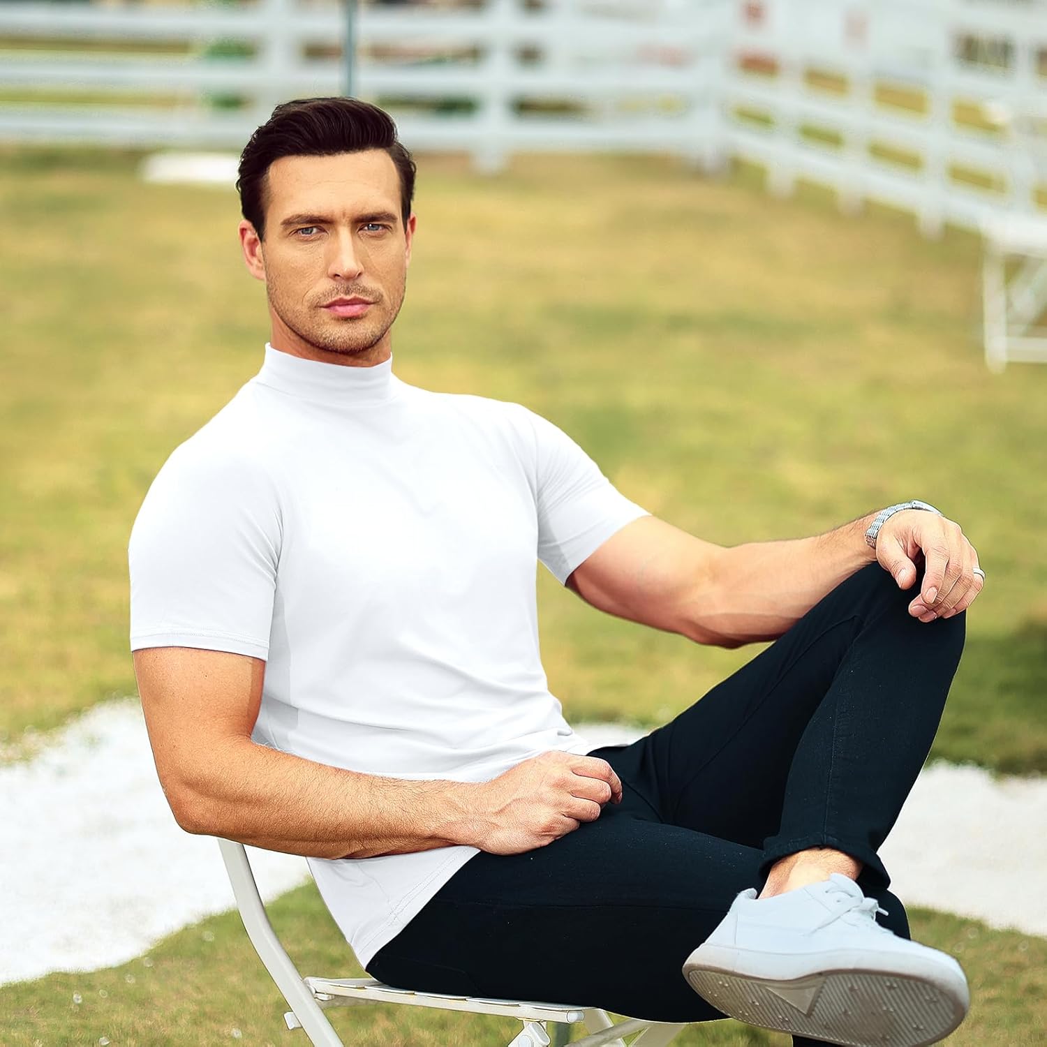 Mens T Shirt Short Sleeve Basic Mock Turtleneck Slim Fit Undershirt Pullover Thermal Solid Tops - Image 5