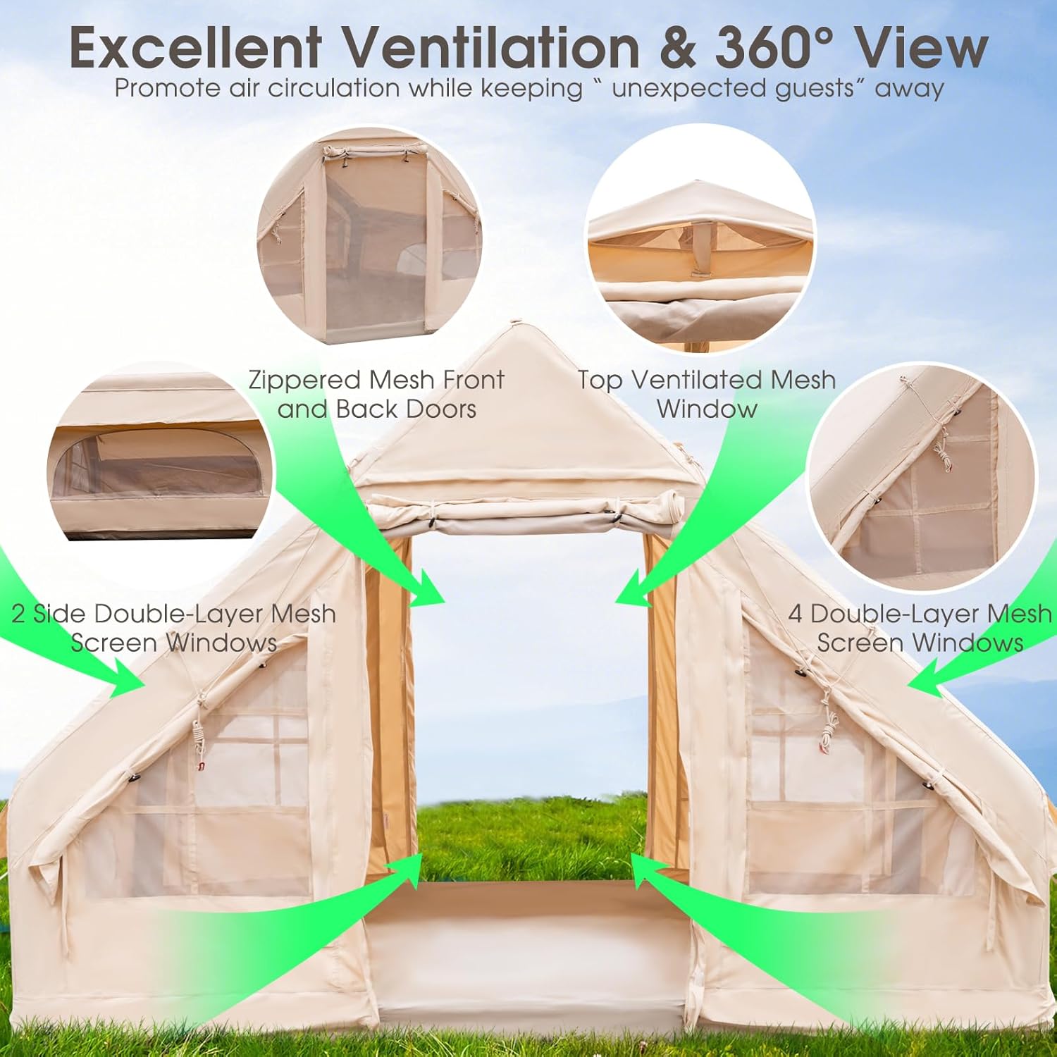 KOTEK Inflatable Camping Tent with Pump, Easy Setup Air Glamping Tents for 4-6 Persons, Inflatable Cabin Tent with Mesh Windows & Doors, 4 Season Blow up Tent, Portable with Carry Bag