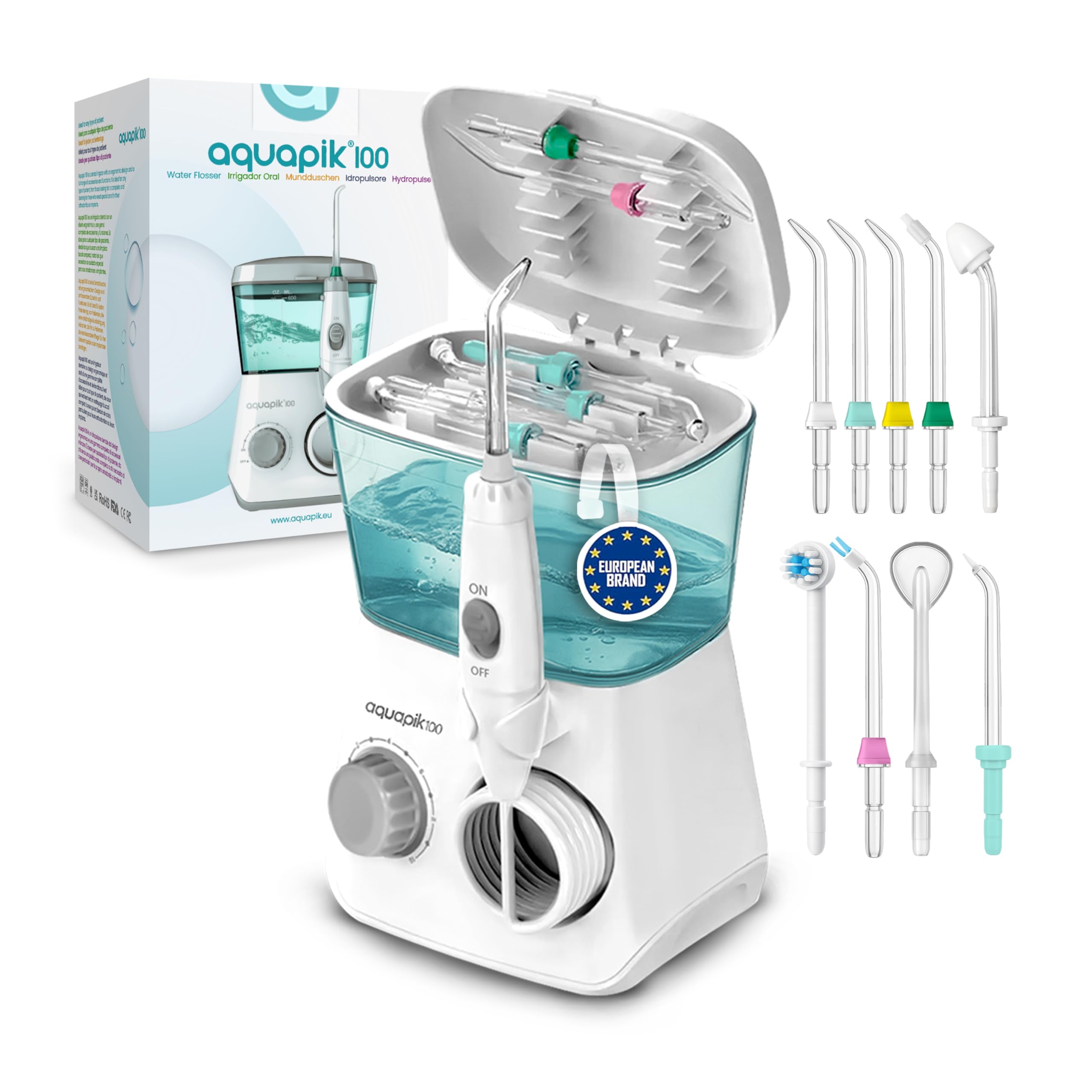 Aquapik Water Flosser - IPX7 Water Flosser with 10 Pressure Levels, 8 Mouthpieces, 600 ml Tank, Ideal Orthodontics, Sensitive Implants and Gums