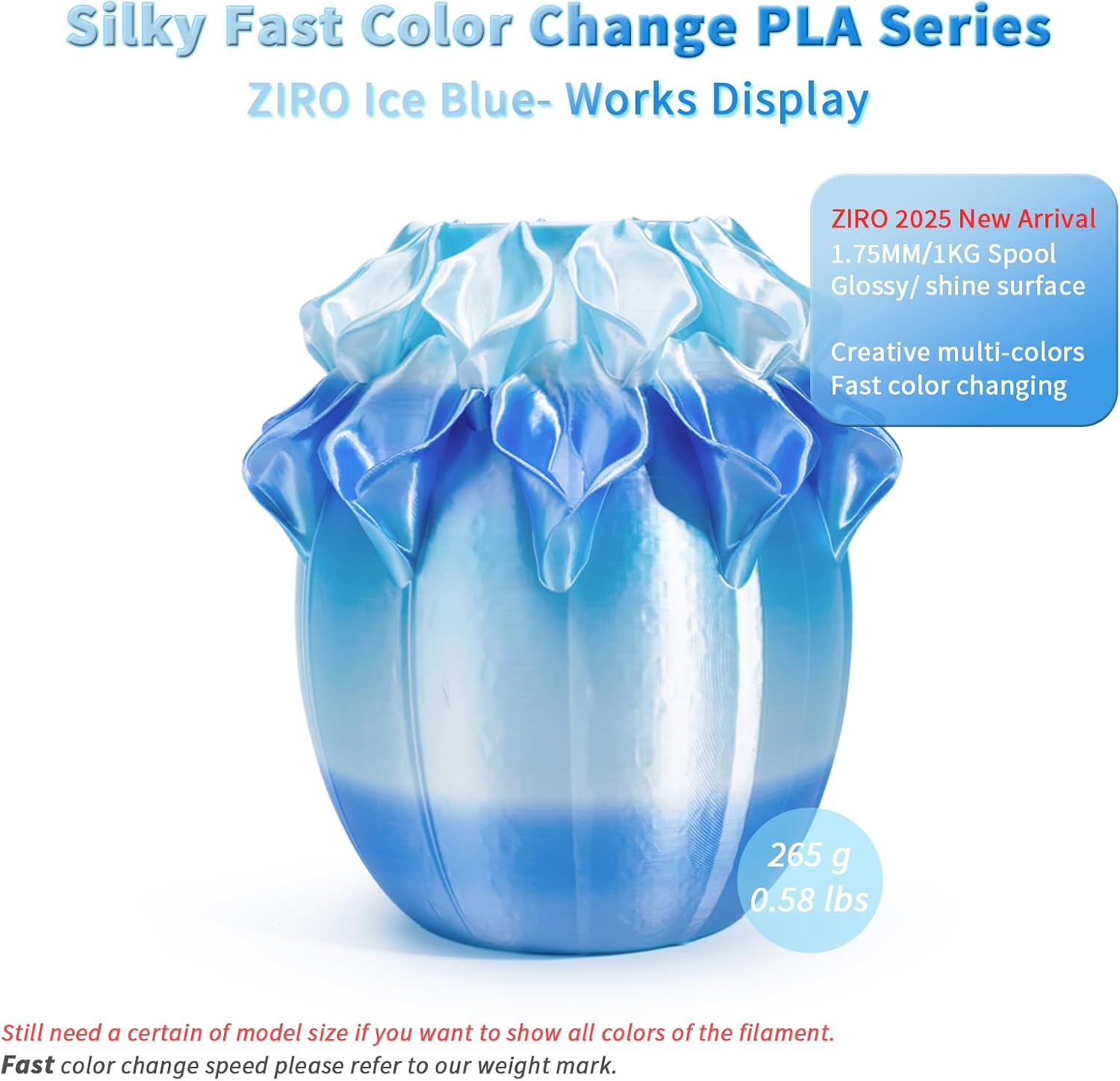 ZIRO 3D Printing Filament, Shiny Fast Color Gradient PlA, Glossy Color Change by Length PLA, Fit Most FDM Printers, Dimensional Accuracy +/-0.03mm, 2.2lbs Spool, Ice Blue (Silk)