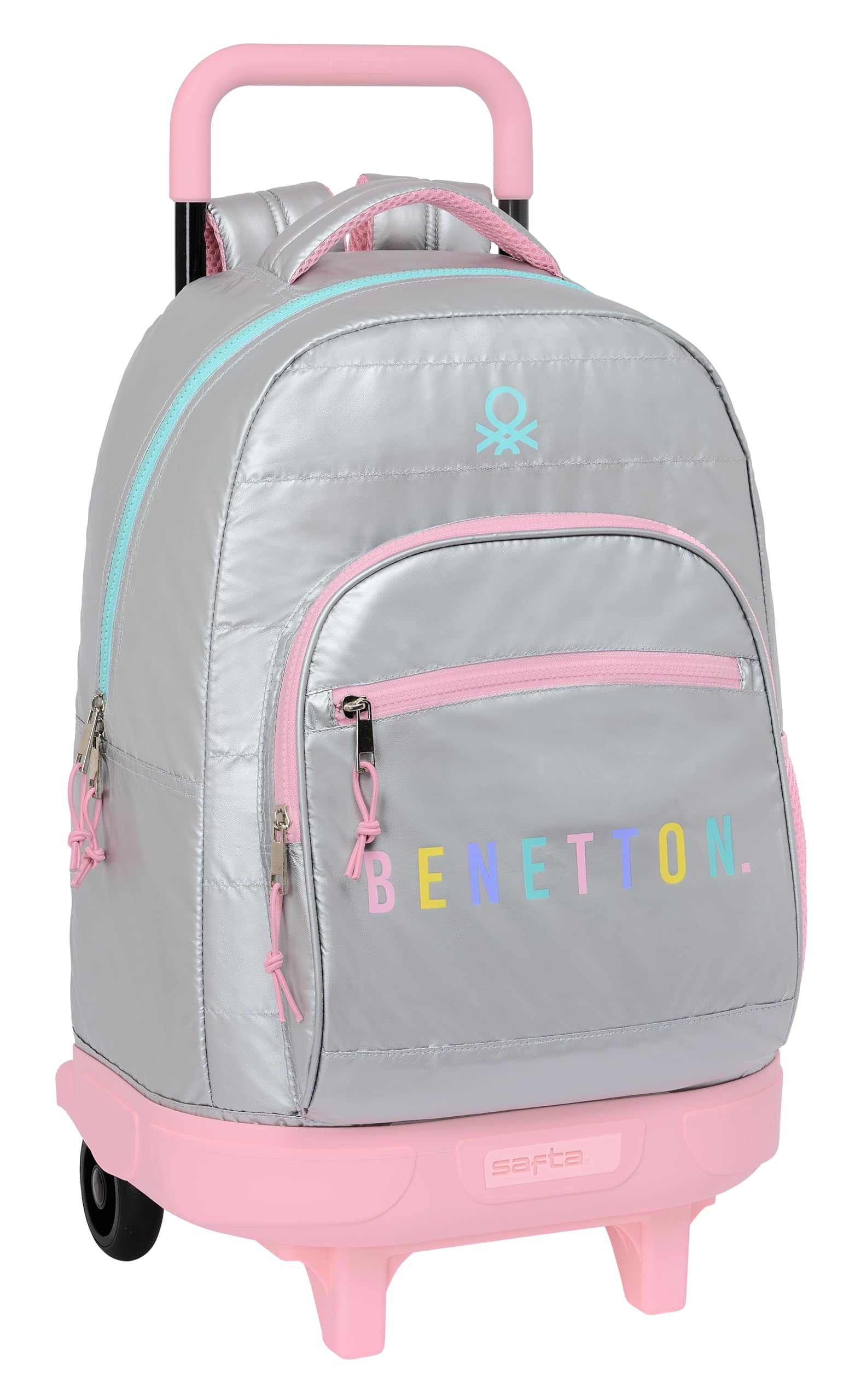 Safta BENETTON SILVER - Mochila Grande con Ruedas, Compacta, Extraíble, Ideal para Niños de Diferentes Edades, Cómoda y Versátil, Calidad y Resistencia, 33x22x45 cm, Color Plata