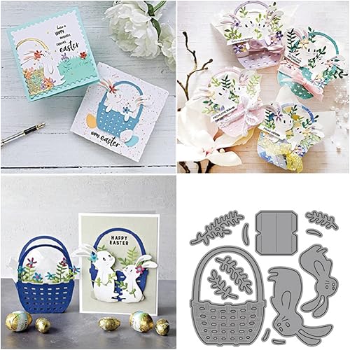 Miniatura 3 de Cesta de flores de conejo troquelada de metal, plantillas de marco de conejito de animales de Pascua, tarjetas de manualidades, troqueles de corte