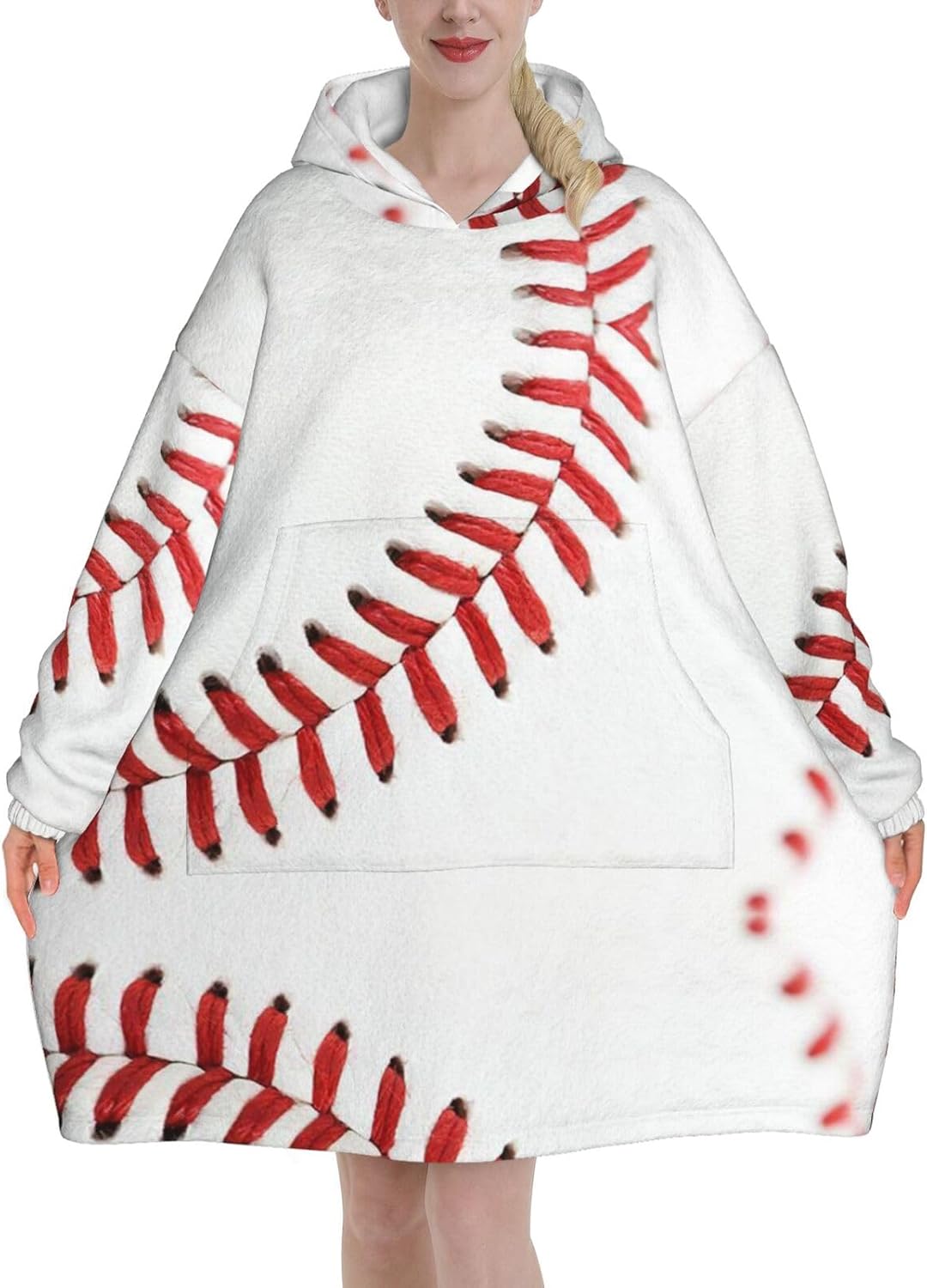 Baseball Lace Close Up Print Blanket Hoodie Fleece Sweatshirt Blanket With Sleeves And Pockets
