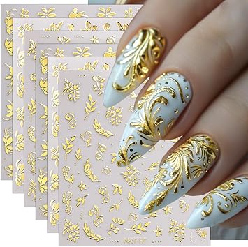 6 Sheets Gold Nail Stickers Flower Leaf Nail Art Stickers 3D Metallic Self Adhesive Gold Nails Designs Accessories Cherry Blossom Flower Nails Decals for Women Girls DIY Manicure Decoration