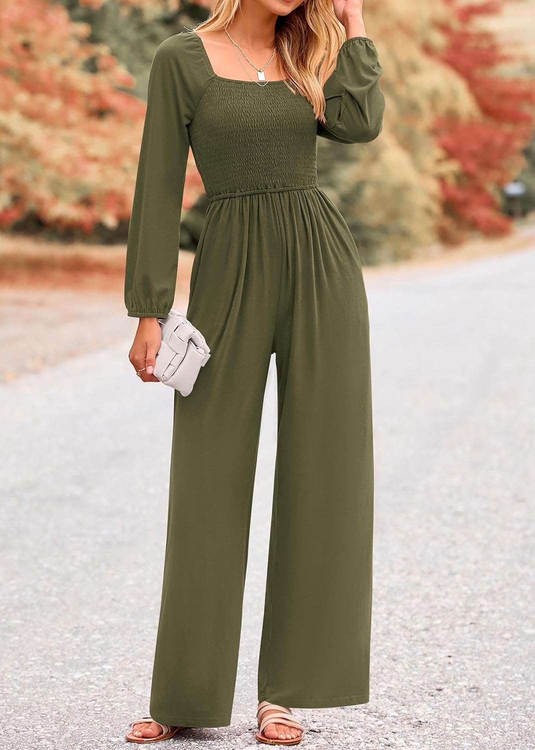 KIRUNDO Jumpsuits for Women Dressy Casual One Piece Long Sleeve Wide Leg Long Pant Rompers With Pockets 2025 Fall Outfits - Image 6