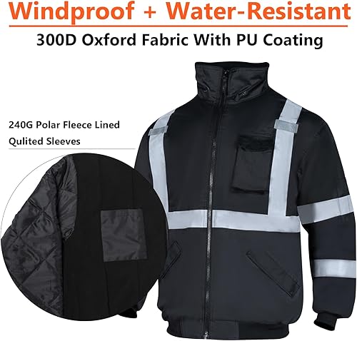 Miniatura 4 de Chaquetas de seguridad reflectantes de alta visibilidad para hombre, forro polar ANSI Clase 3 Hi Vis, chaqueta de invierno con capucha (naranja, M)