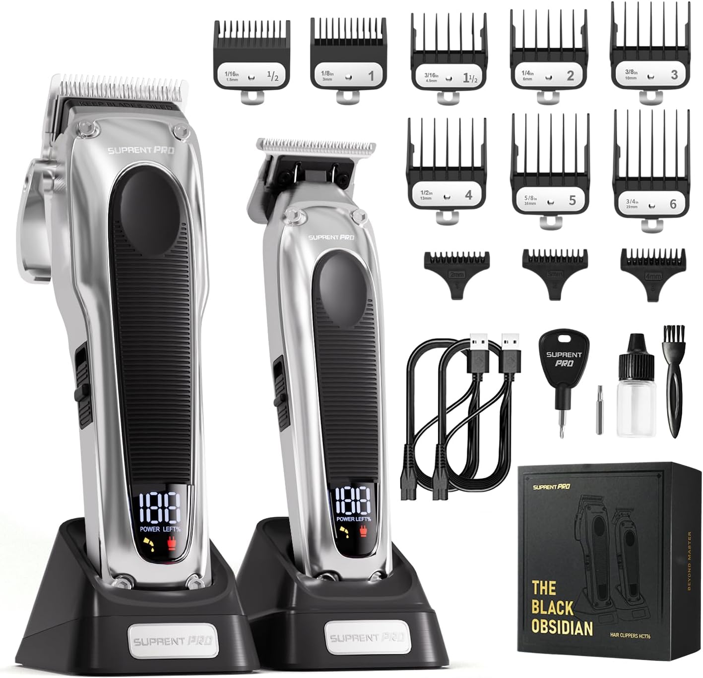 Professional Hair Clippers for Men - Detachable Blade with Power Compensator Motor - Cordless Hair Trimmer Set for Barbers with Charging Base - Premium Hair Clipper Kit - Gift for Men (Silver)