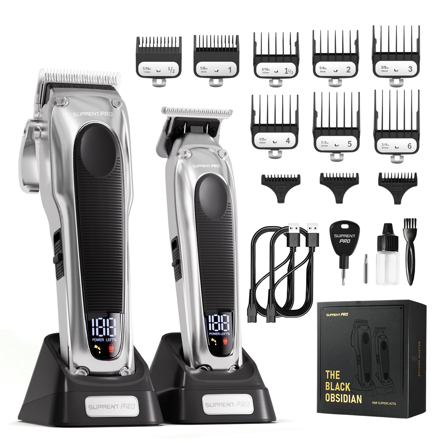 Professional Hair Clippers for Men - Detachable Blade with Power Compensator Motor - Cordless Hair Trimmer Set for Barbers with Charging Base - Premium Hair Clipper Kit - Gift for Men (Silver)