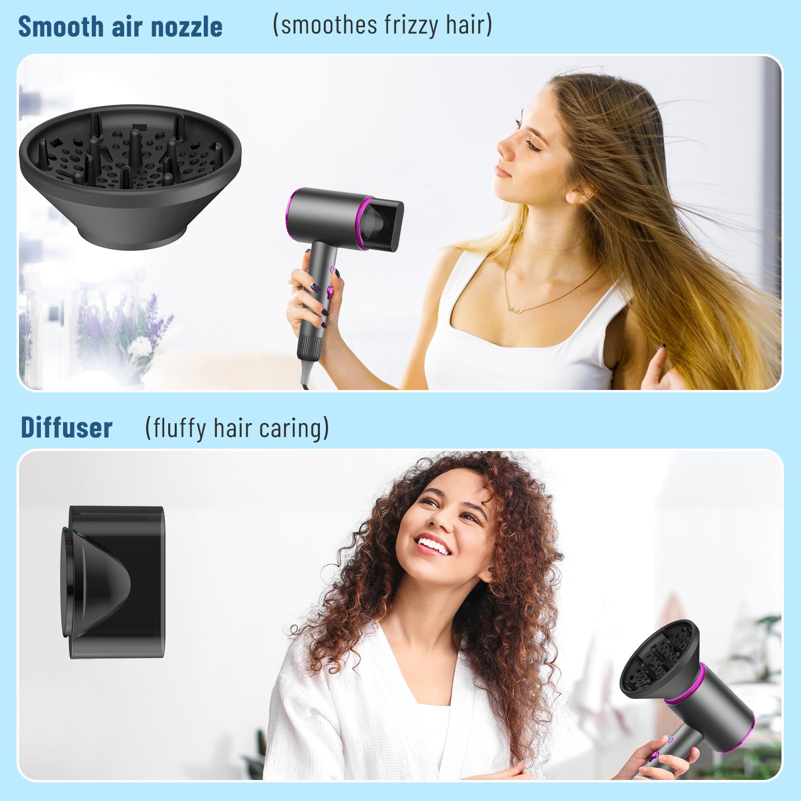 Sèche-Cheveux Professionnel IONIQUE 2400W, Moteur AC Silencieux, Séchage Rapide, 3 Températures, avec Diffuseur & Concentrateur, Léger pour Voyage, Anti-Frisottis pour Cheveux Bouclés/Fins/Épais