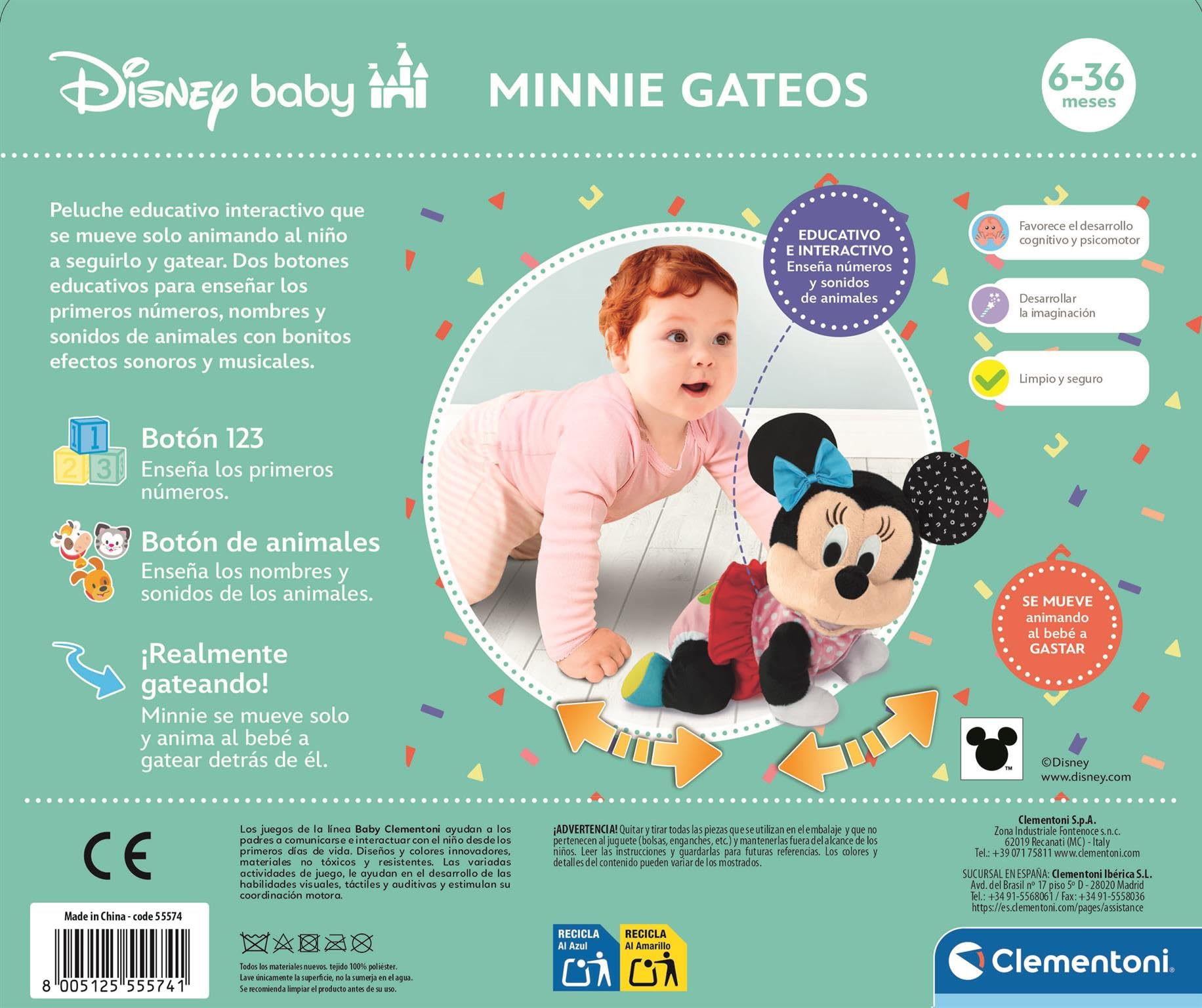 Clementoni - Baby Minnie Gateos - Peluche Interactivo para Bebés con el Que Dará Sus Primeros Pasos - Enseña Números y Sonidos de Animales - A Partir de 6 Meses - Fabricado en Italia - 55574