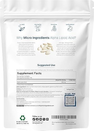 Miniatura 2 de Micro Ingredients Ácido alfa lipoico de 600 mg con aceite MCT, 300 cápsulas blandas Suplemento ALA para hígado, antioxidantes, nervio, apoyo a la