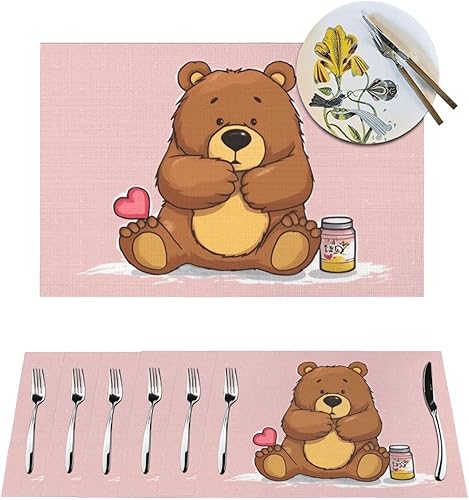 6 PCS PVC Placemats Set Place Mats Bear Holding Bottle of Honey Non-Slip Weave Place Mats 12" x 18" Farmhouse Table Mat Set for Family Dinners