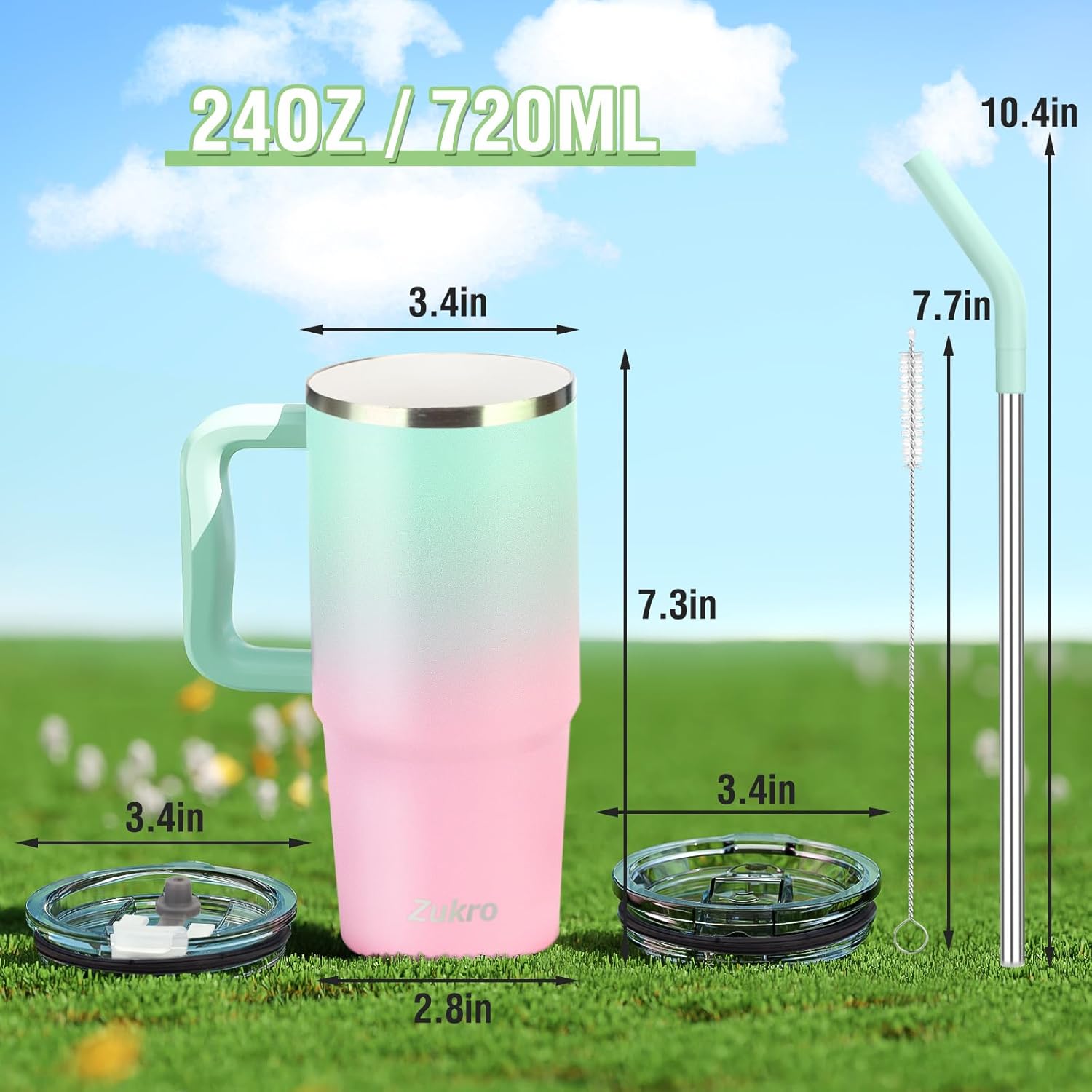 Zukro 24 oz Ceramic Lined Tumbler with Handle and Straw, No Metal Taste, Insulated Stainless Steel Coffee Mug with Spill Proof Lids for Home/Office, No Sweat, Keep Drinks Hot or Cold, Bubblegum - Image 9