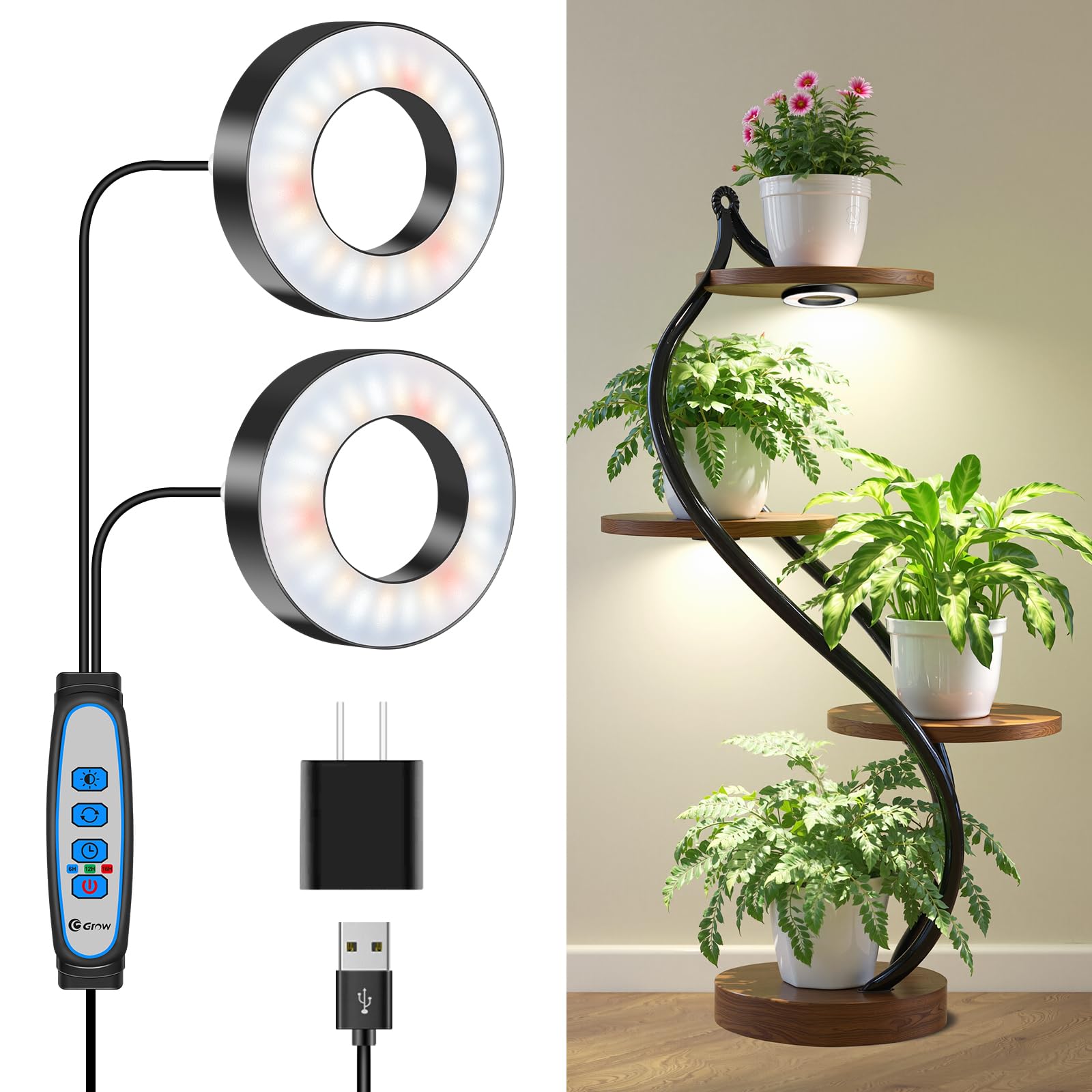 Wiaxulay Grow Lights for Indoor Plants, 96 LEDs Full Spectrum LED Plant Grow Light, 5V/2A Under Cabinet Grow Lamp with Auto Timer 6/12/16 Hrs, 3 Lighting Mode, 5 Brightness, 3.5in, 2 Heads