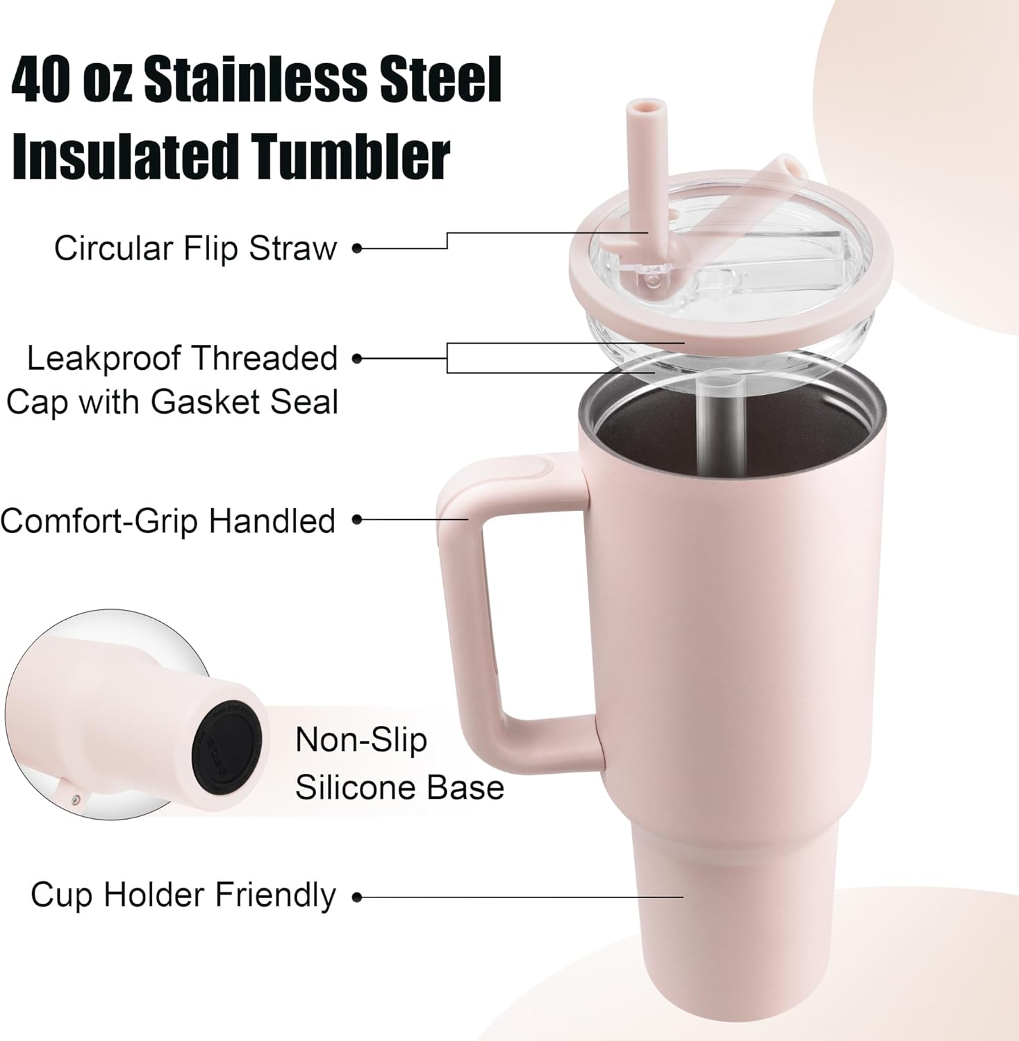 40 oz Insulated Tumbler with Handle and Straw | 100% Leakproof Insulated Water Bottle Travel Mug | Double Wall Vacuum Insulated | Cup Holder Friendly | BPA-Free (Rose Quartz) - Image 2