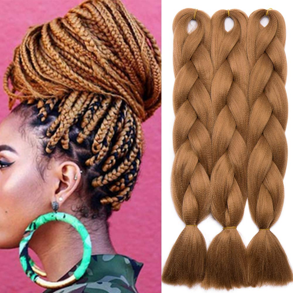24"(60cm) SEGO 3PCS Extensiones de Pelo Sintético para Trenzas Africanas [Castaño Caoba Claro] Cabello Se Ve Natural Crochet Braiding Twist Hair (300g)