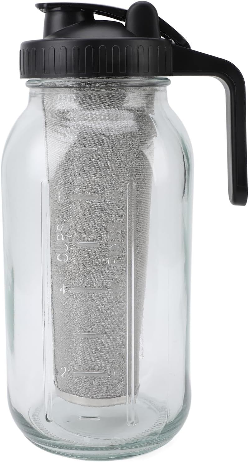 Cold Brew Coffee Maker Pitcher with Stainless Steel Thick Glass Iced Coffee Maker Pitcher Jar with Spout Lid and Handle 1000ml Dishwasher Safe Clea Cold Brew MakerIced (2000ml)