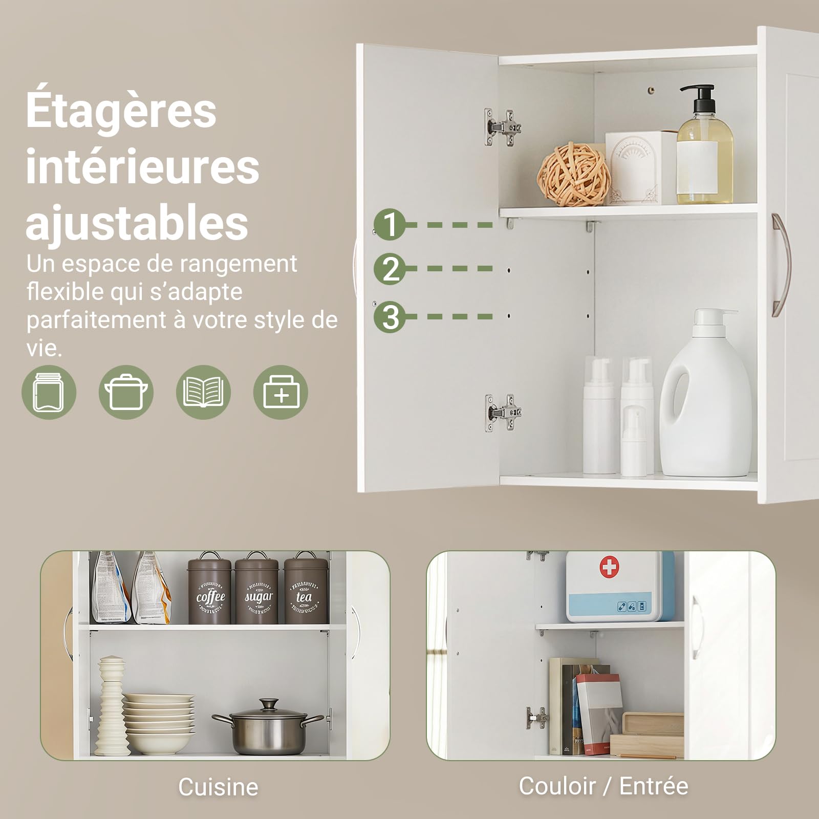 SoBuy Meuble Haut Cuisine Compact avec 2 Portes, Placard Cuisine Mural Petit Format, Armoire Murale & Armoire Suspendu pour Cuisine, Meuble Mural de Rangement, Charge 36kg, Blanc, 60x30x60cm, FRG231-W