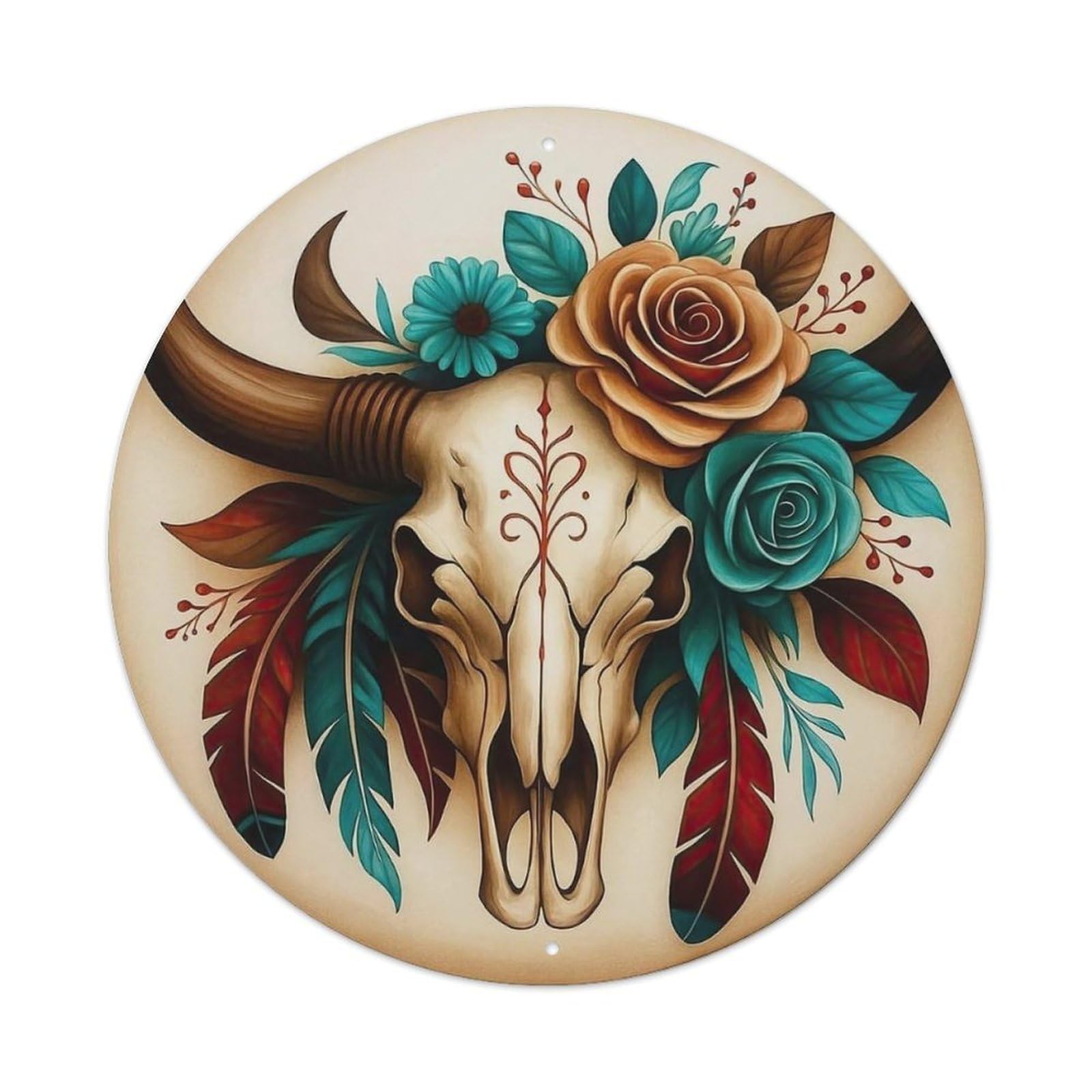 Bull Skull Floral Feathers Art Metal Tin Sign
