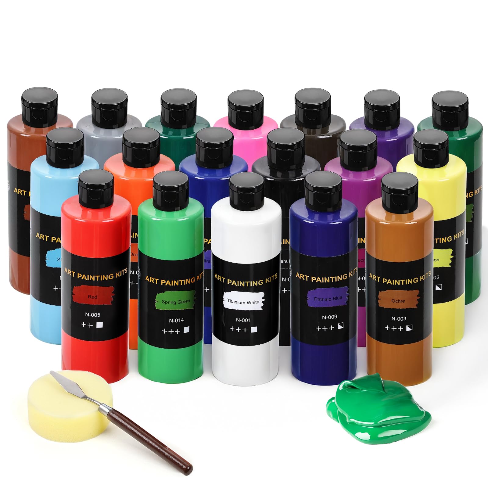 Color More Lot de 18 peintures acryliques de 250 ml – Imperméable, résistante à la décoloration et à séchage rapide pour artistes, débutants et peintres amateurs. Idéal pour le bois, le verre, la