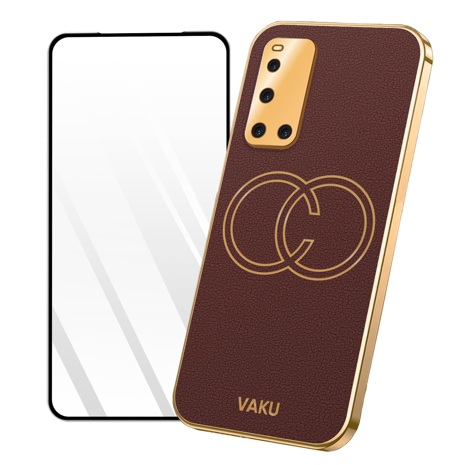 Vaku Luxos® Back Cover with ESD Anti-Static Tempered Glass Screen Protector Combo for Vivo V19, Skylar Leather Pattern Design Gold Electroplated Soft TPU Case with 9H Shatterproof Screen Guard - Brown