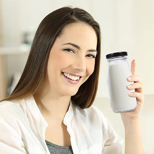 Miniatura 5 de Luxshiny 4 botellas de leche de vidrio transparente con tapas herméticas de metal, botellas de 6.8 fl oz, contenedor de batido para desayuno,