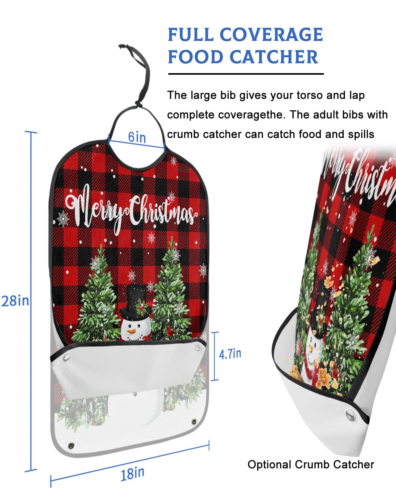 Christmas Snowman Adult Bibs for Eating, Waterproof Bibs with Food Catcher & Adjustable Snap Closure, Red and Black Buffalo Plaid Xmas Tree Snowflake Clothing Protectors Adult Bibs for Elderly