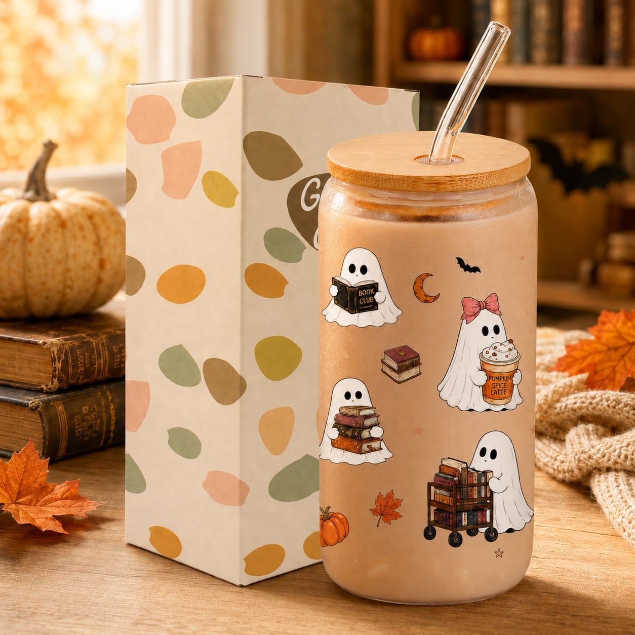 Lamyba Halloween Glass Cups with Lid & Straw, Boo Basket Stuffers for Book Lover Gifts for Women Adults Teens, 16oz Ghost Glass Cup