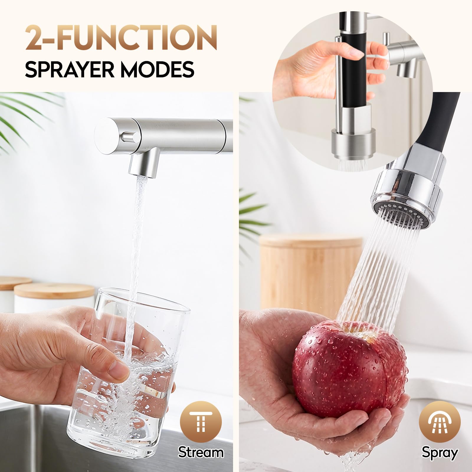 Wasserhahn Küche Hochdruck, Edelstahl 304 Gewerbefederarmatur mit Spülbecherhalter, 2 Wasserstrahlarten, 360° Schwenkbar, Einhandmischer