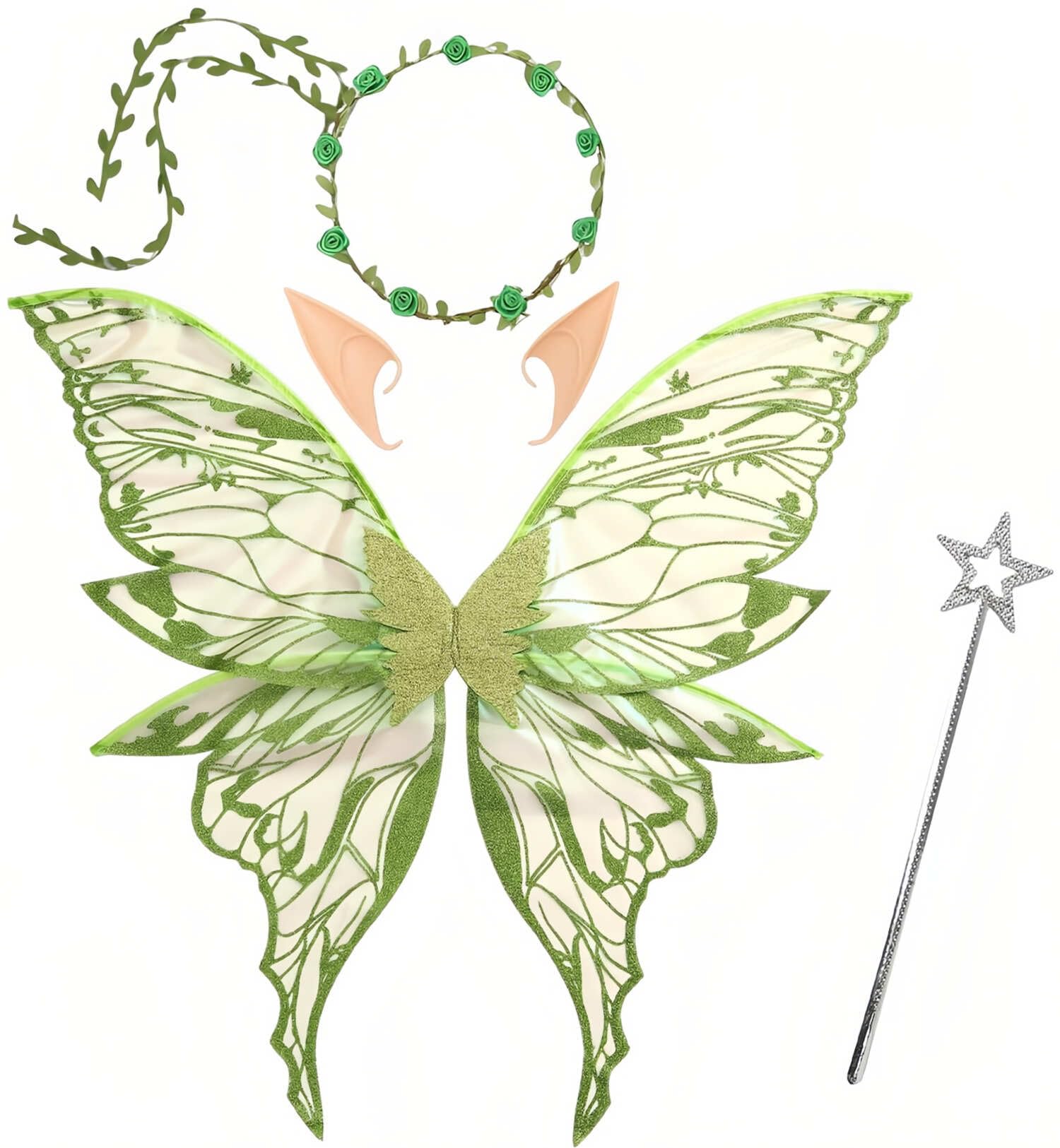 Fairy Wings for Adult, Butterfly Wings Set with Elf Ears & Wand, Green