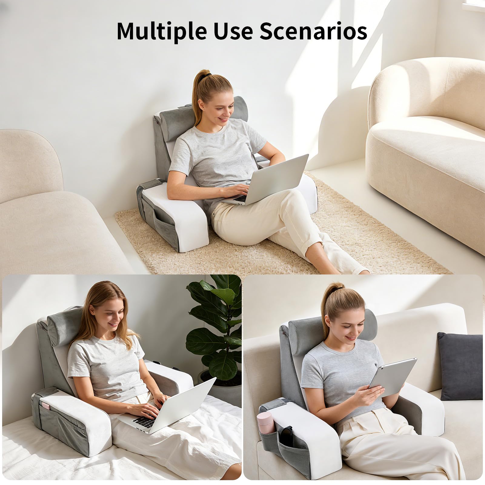 Lesekissen Für Bett Und Sofa, Rückenkissen Mit Abnehmbarer Nackenrolle & Armlehne, Rückenstützkissen Bett Mit Aufbewahrungstasche, Rückenlehne Kissen Zum Lesen, Arbeiten, Schlafen, Fernsehen