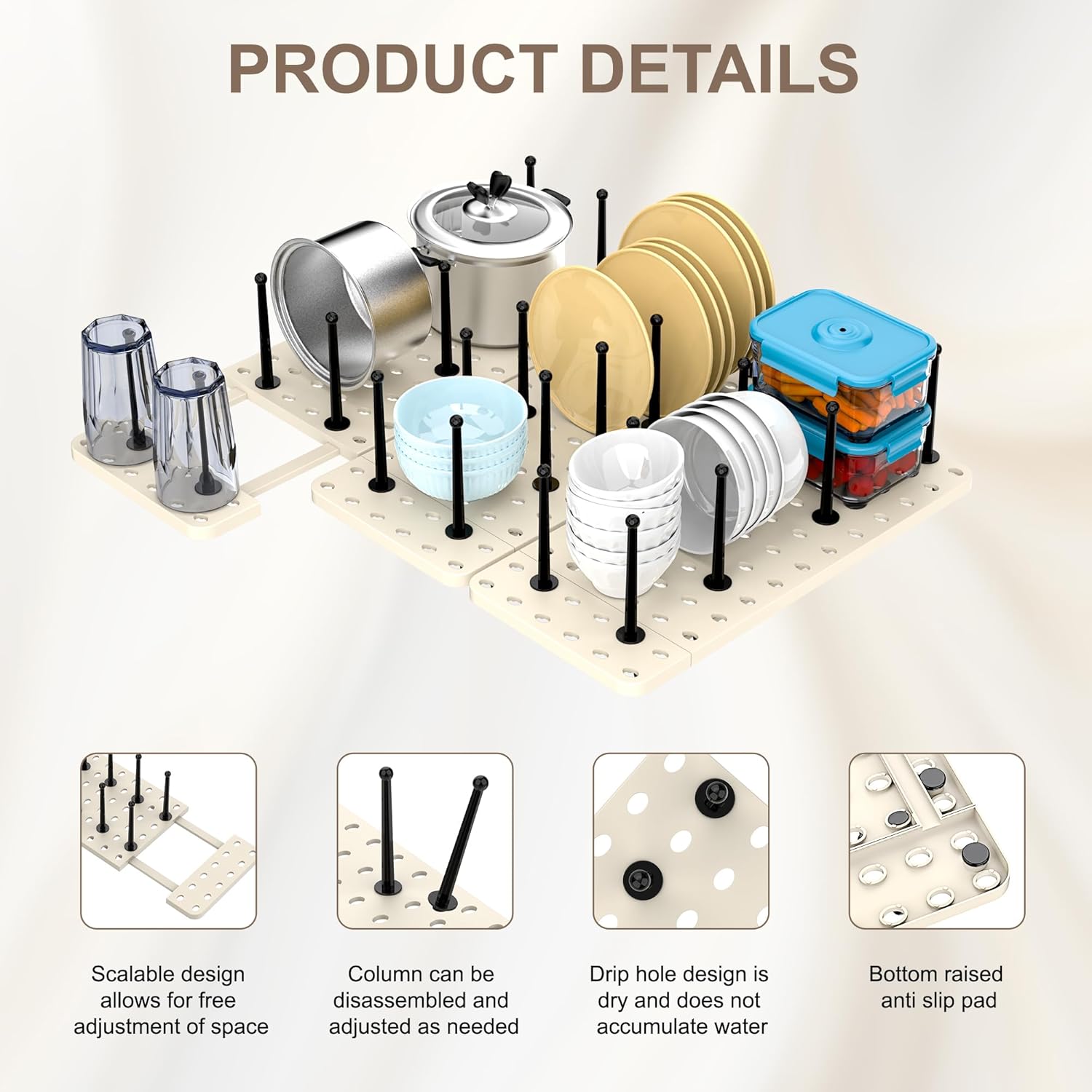 3pcs Pegboard Dish Drying Rack - Countertop Cabinet Organizer for Plates, Cups | Fits Drawer Storage & Book Holder (Beige)