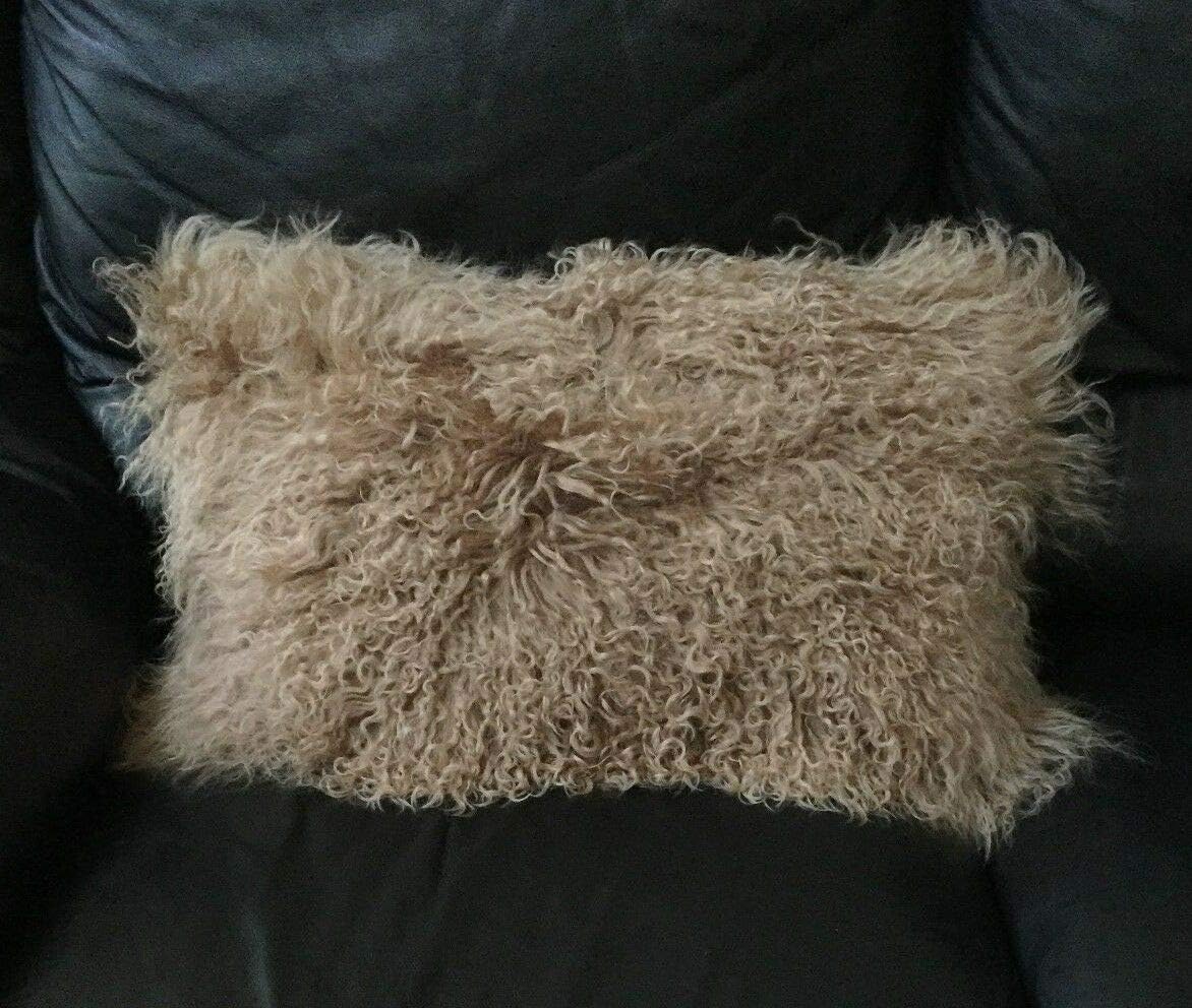 Seek4comfortable Mongolian Tibetan Lamb Fur Wool Rectangular Throw Pillow Cushion，Khaki - 12" x 20"
