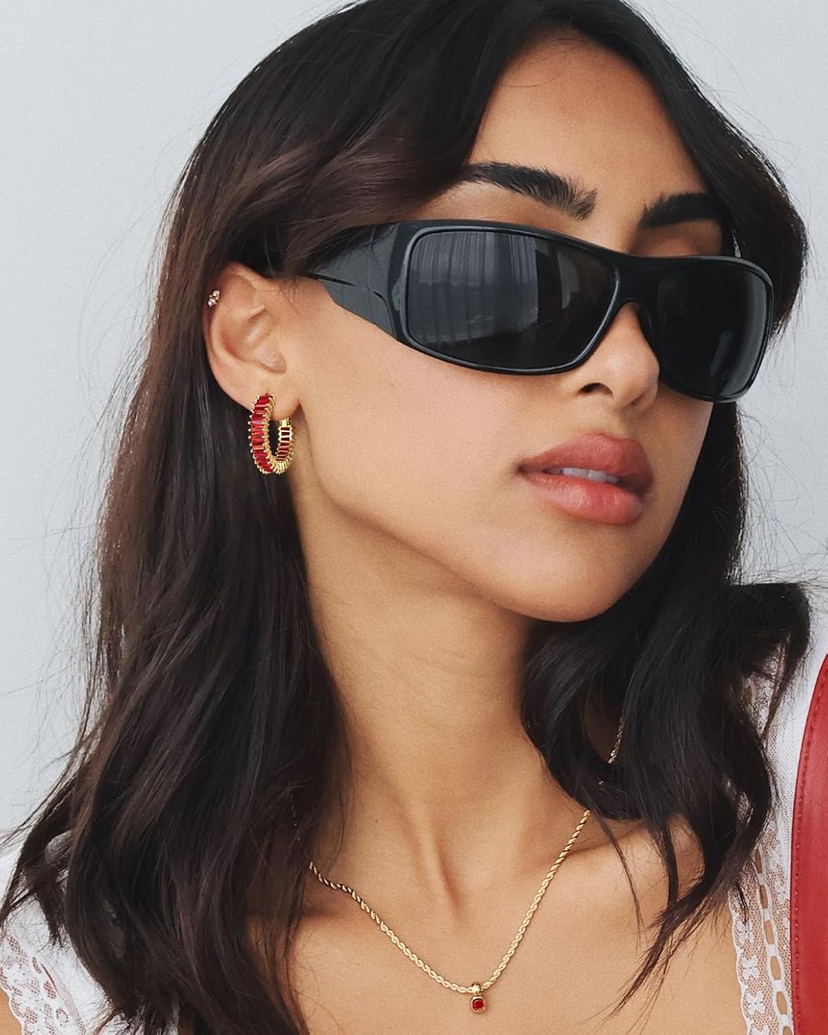 Trendy 14K Gold Plated Hoop Earrings for Women, Chunky Gold/Silver Earrings for Women Cubic Zirconia Baguette Hoop Earrings Heart Hoops Lightweight Hypoallergenic Jewelry,25mm/35mm/40mm/50mm image 2