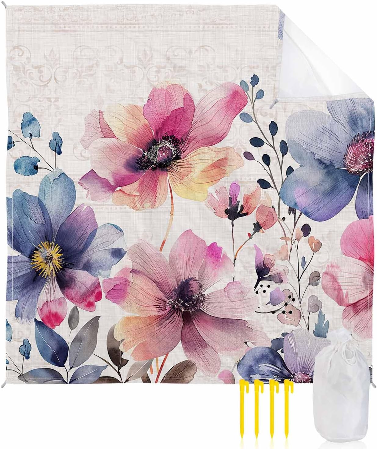 Spring Blossom Watercolor Flower Beach Blanket Waterproof Sandproof Outdoor Picnic Mat 118"x108" Pastoral Floral on Rustic Linen Lightweight Large Beach Blankets with 4 Stake & 4 Corner Pockets