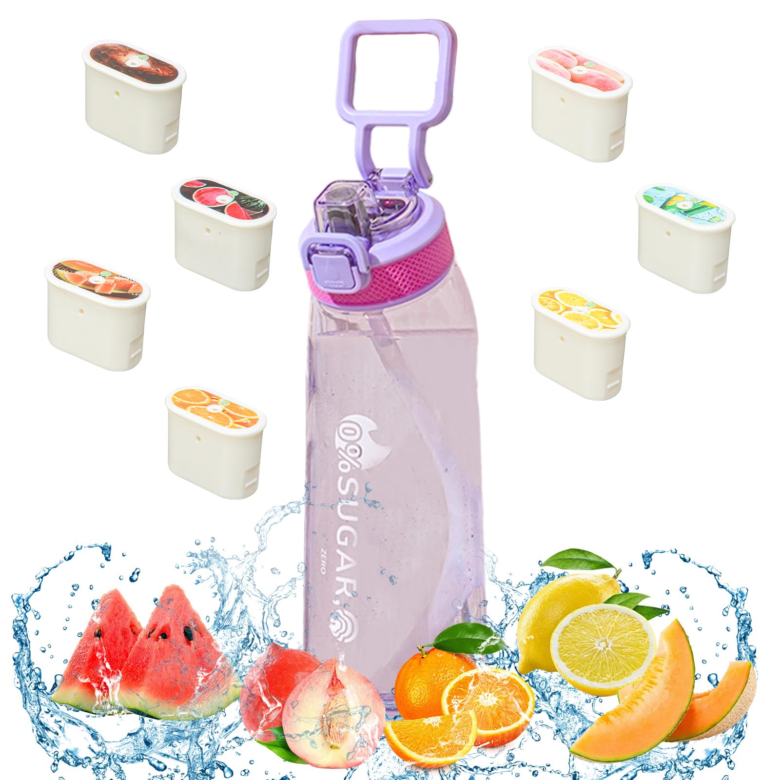 Onperpoe Water Bottle with Flavour Pods, 1000ml Leakproof New Scented Water Bottle with 7 Flavour Pods Starter Set 0 Sugar Calorie BPA Free Drinking Cup for Gym School Outdoor Sports, Purple