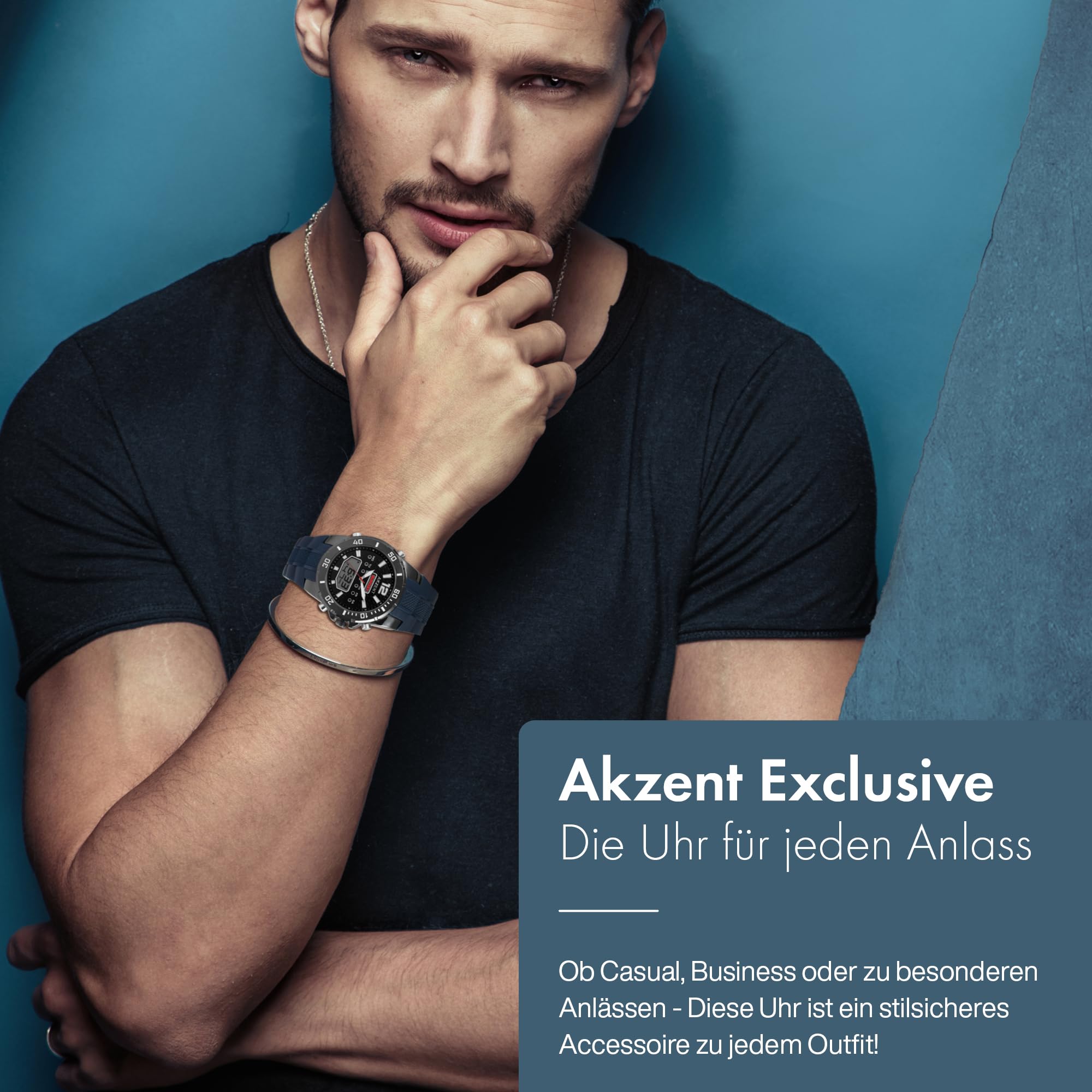 Akzent Orologio da uomo in silicone, lancette luminose, analogico, digitale, 2420025, Blu