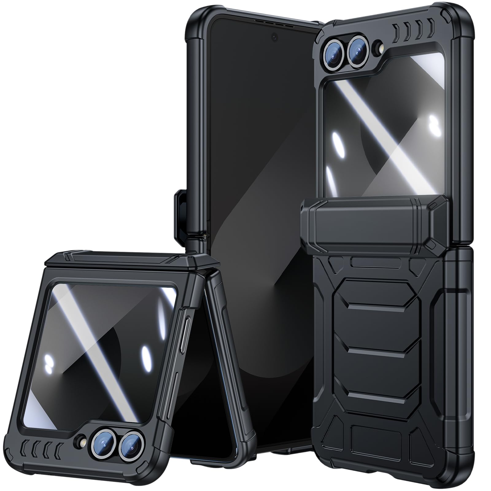 Galaxy Z Flip 6 5G (2024) Military Armor Case | Auto-Deploy Hinge Protection & 9H Glass Screen | Dual-Layer Defense Black