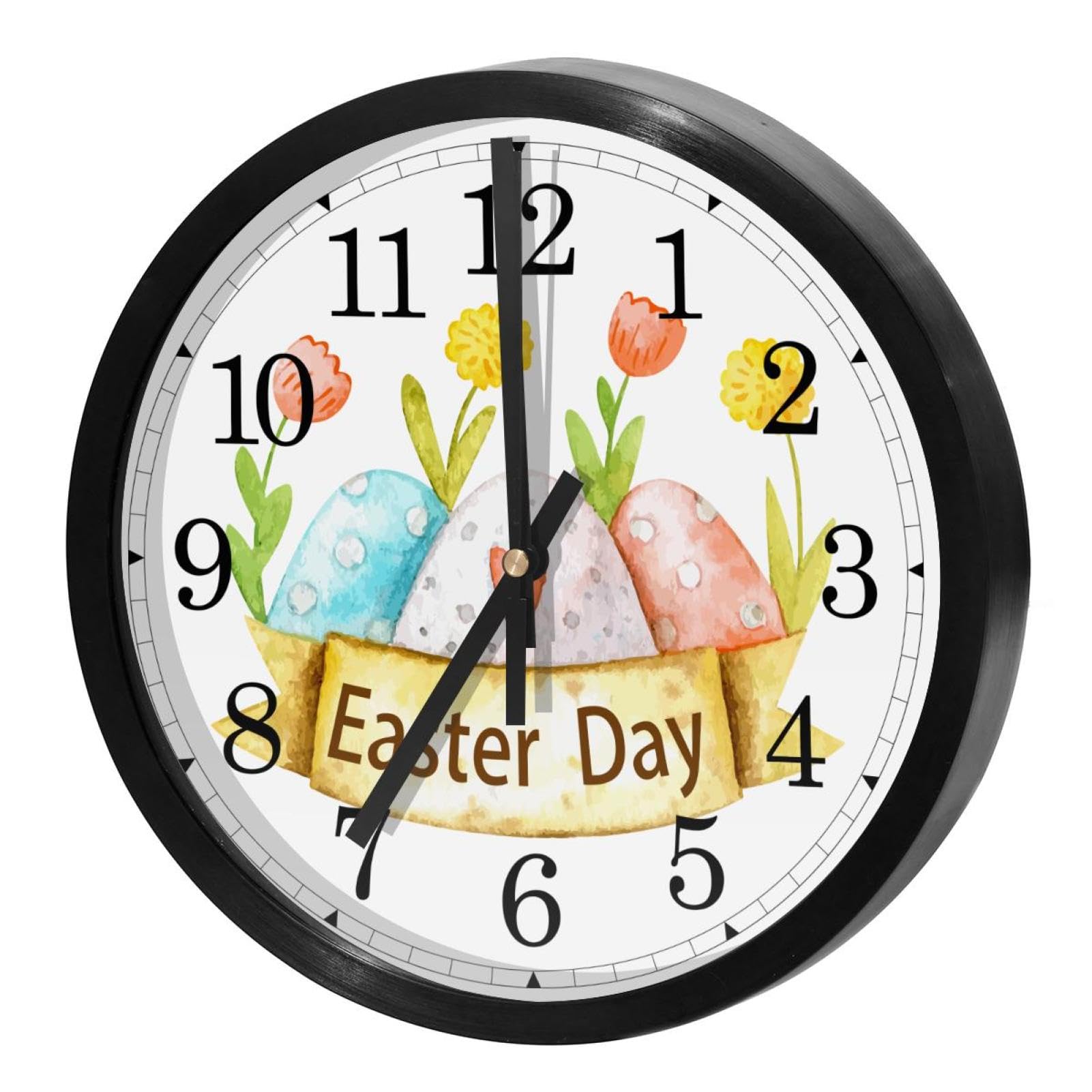 Horloge murale silencieuse à quartz ronde motif œuf de Pâques pour cuisine