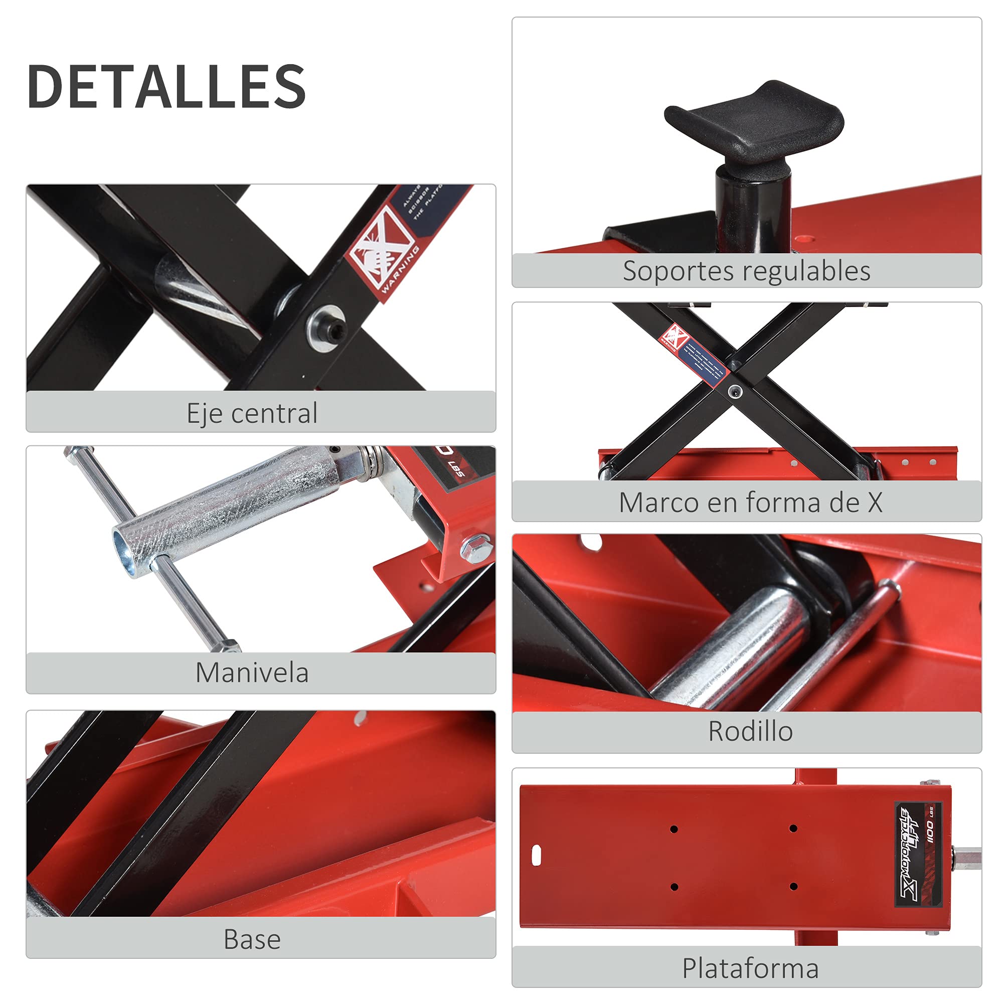 DURHAND Plataforma Elevadora para Motocicletas Carga Máxima 500 kg con Altura Ajustable de 19-53 cm Soporte de Moto para Aparcar o Reparar Taller Garaje Negro y Rojo